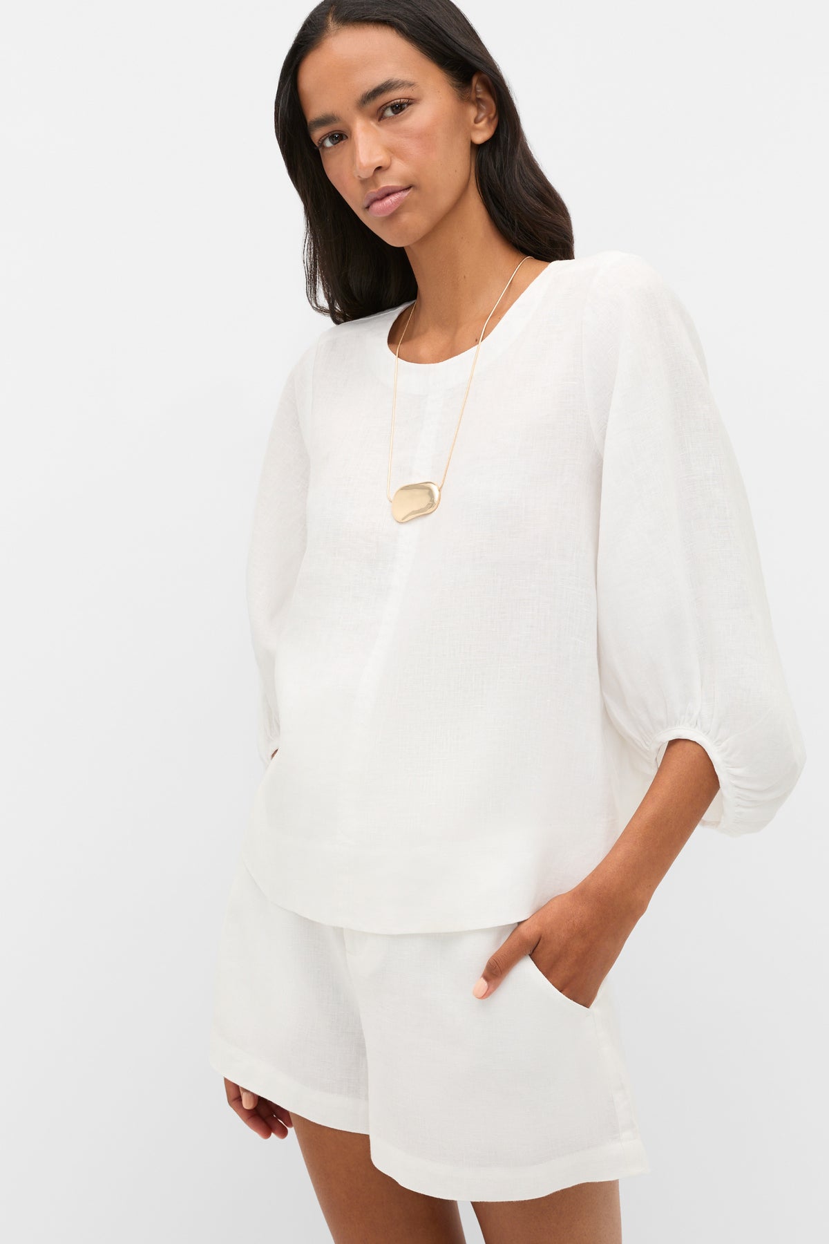 Core Linen Balloon Sleeve Top