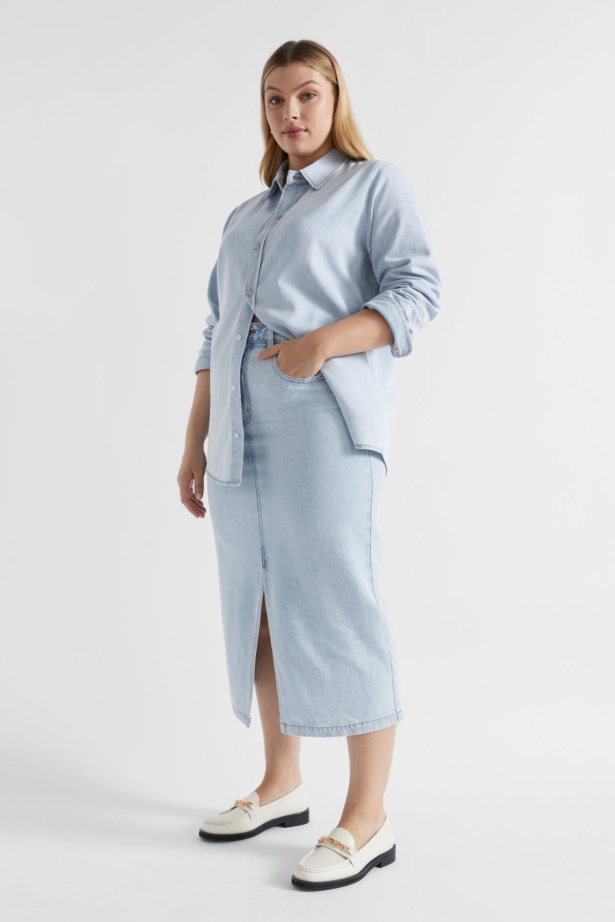Denim Midi Split Front Skirt