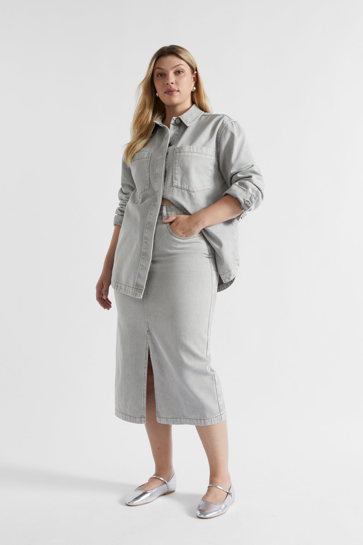 Denim Midi Split Front Skirt