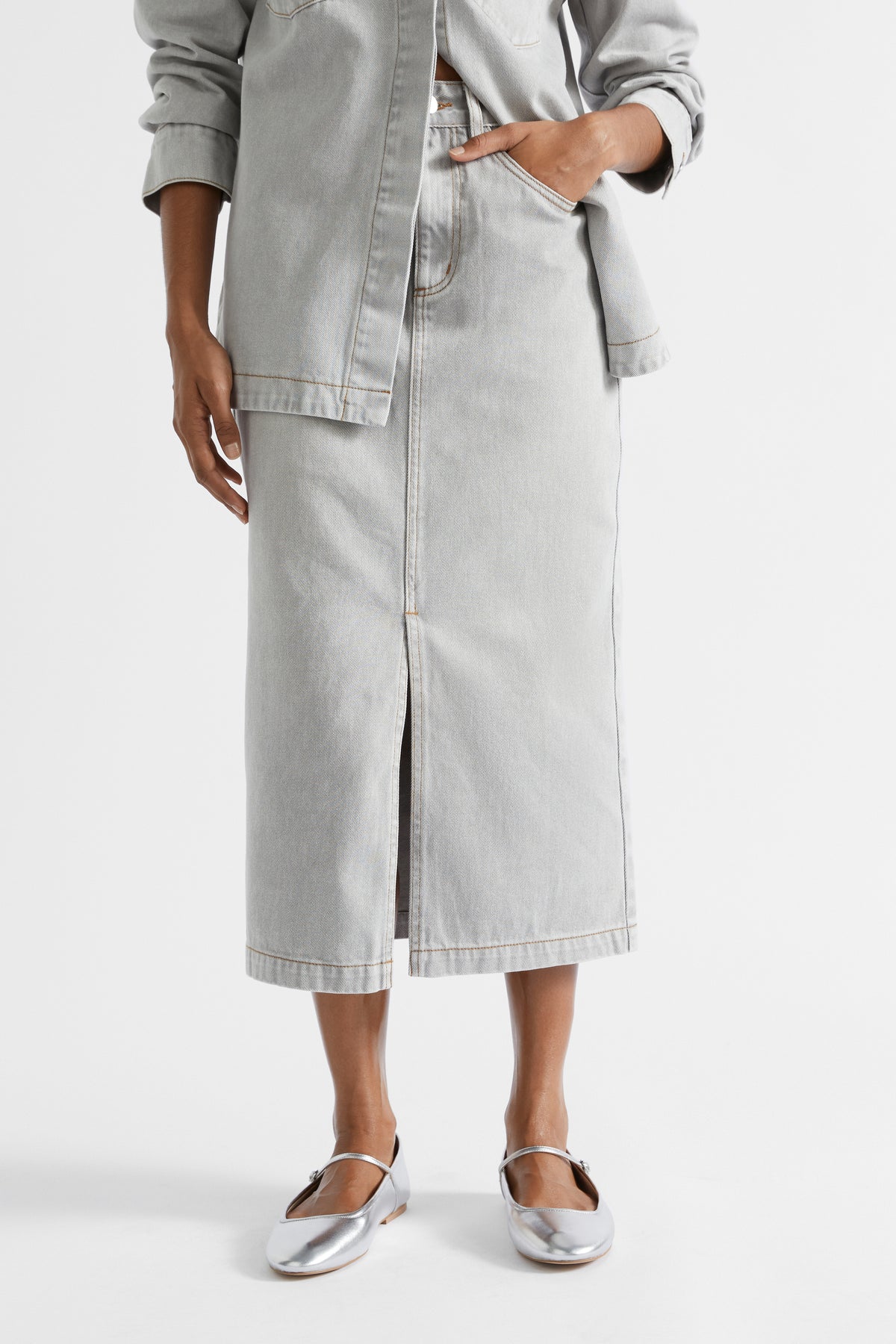 Denim Midi Split Front Skirt