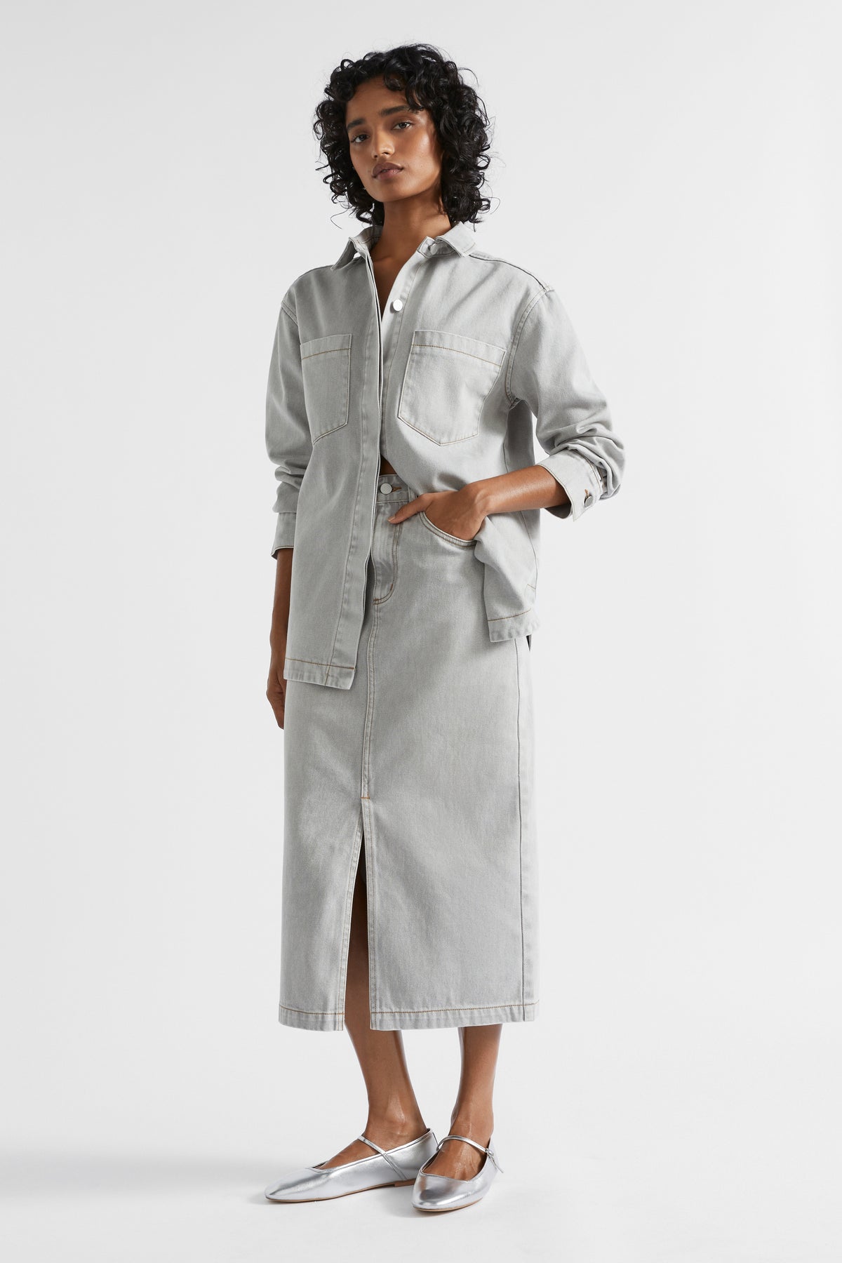 Denim Midi Split Front Skirt