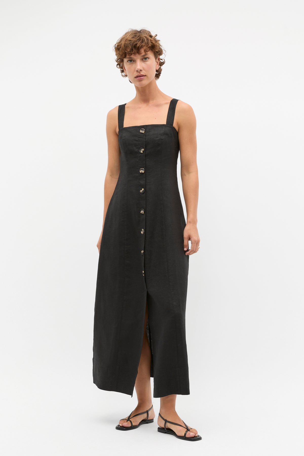 Linen Square Neck Button Midi Dress
