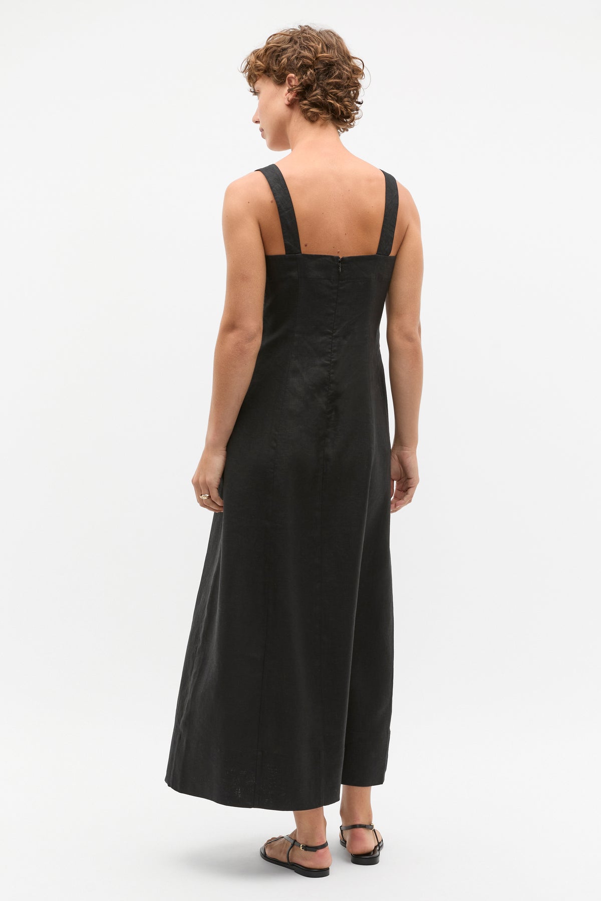 Linen Square Neck Button Midi Dress