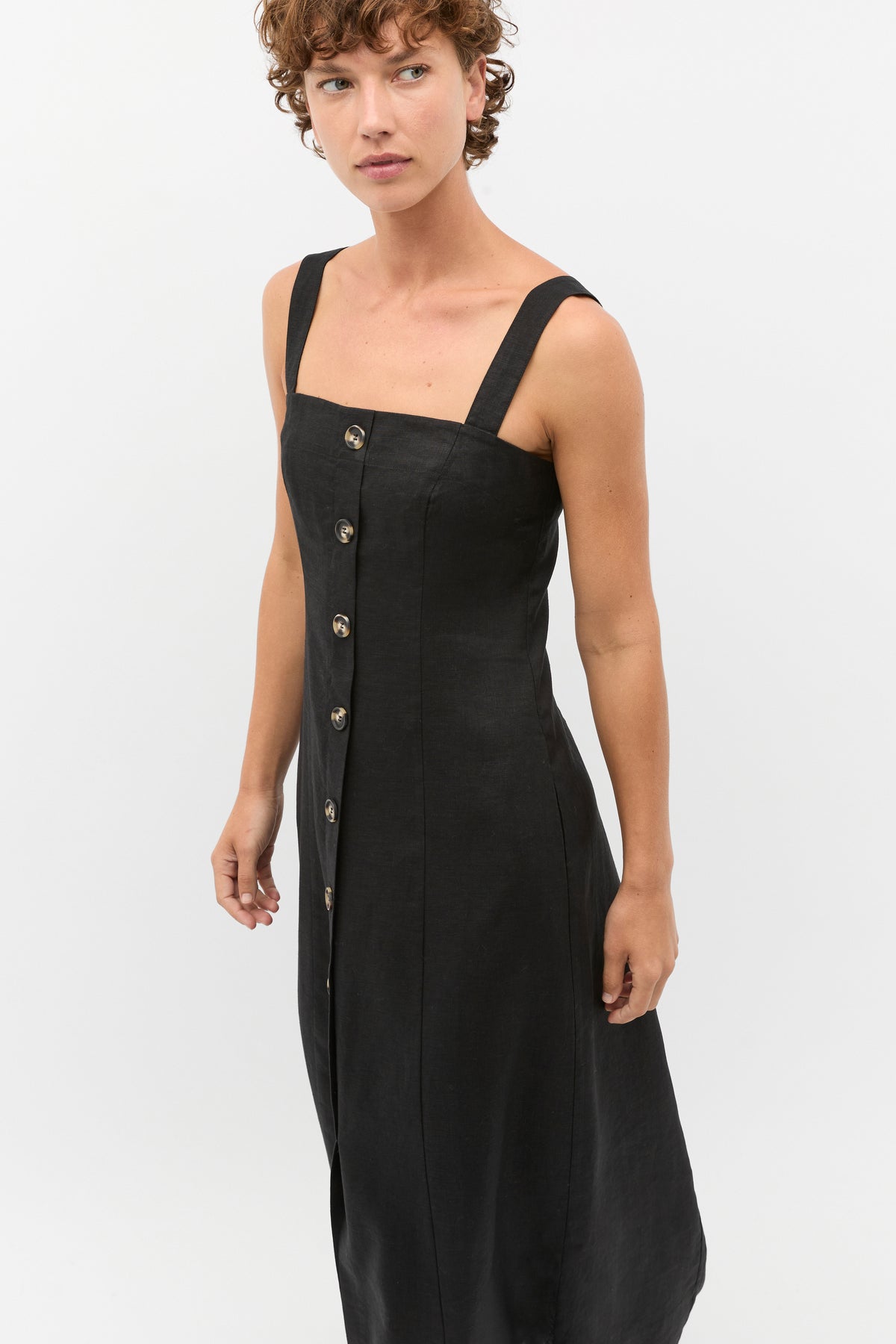 Linen Square Neck Button Midi Dress