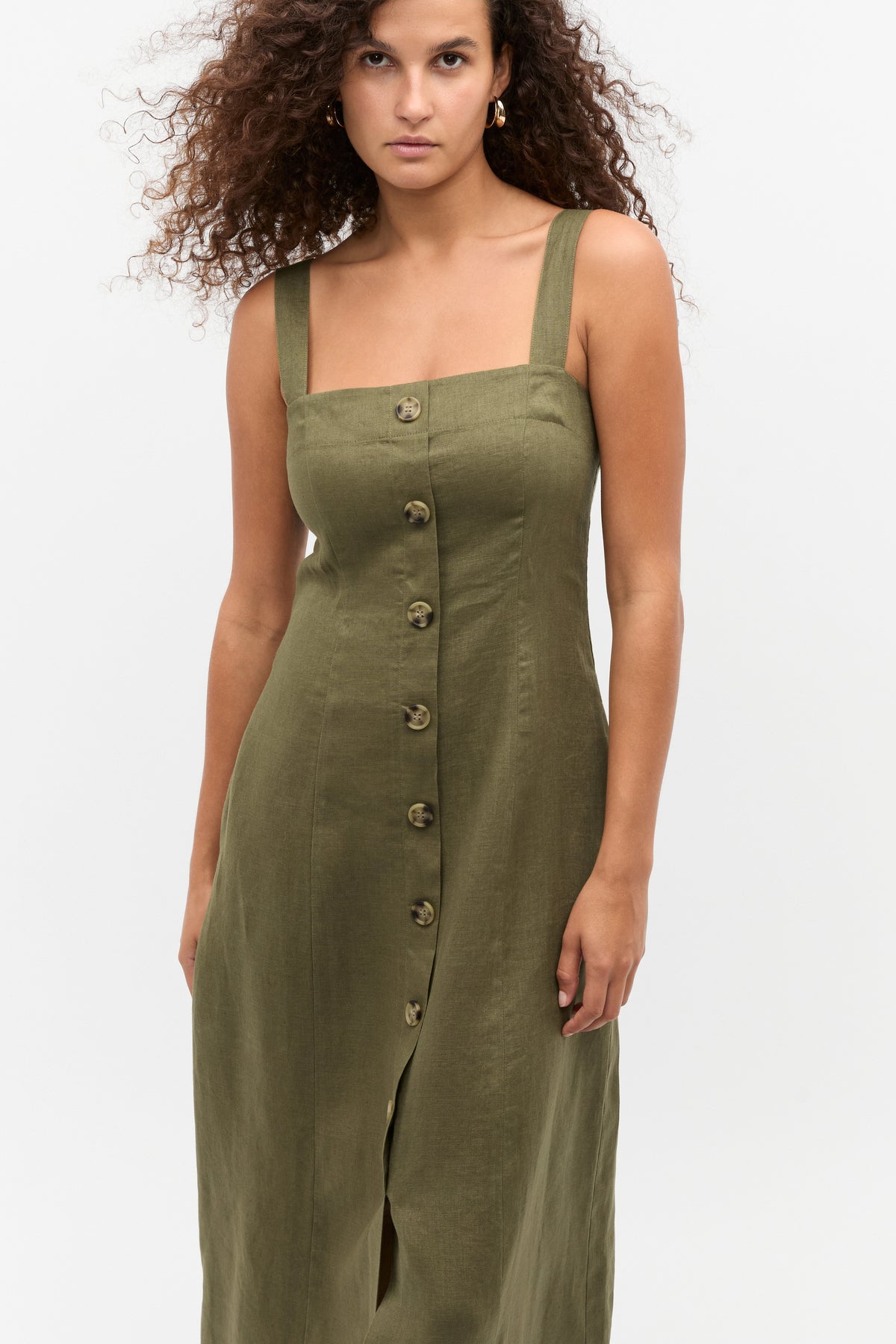 Linen Square Neck Button Midi Dress