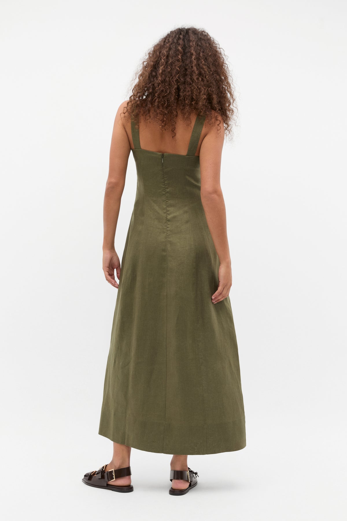 Linen Square Neck Button Midi Dress
