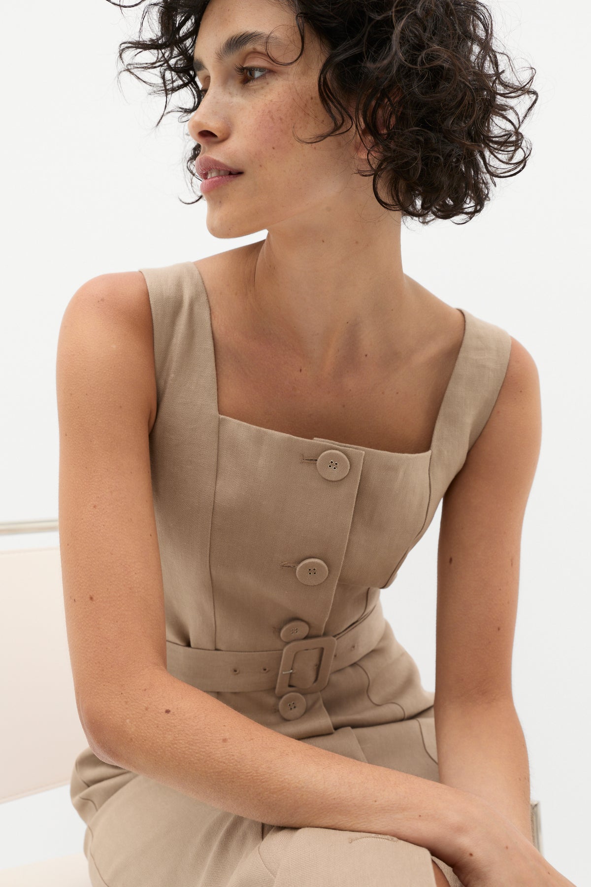 Linen Belted Midi Dress