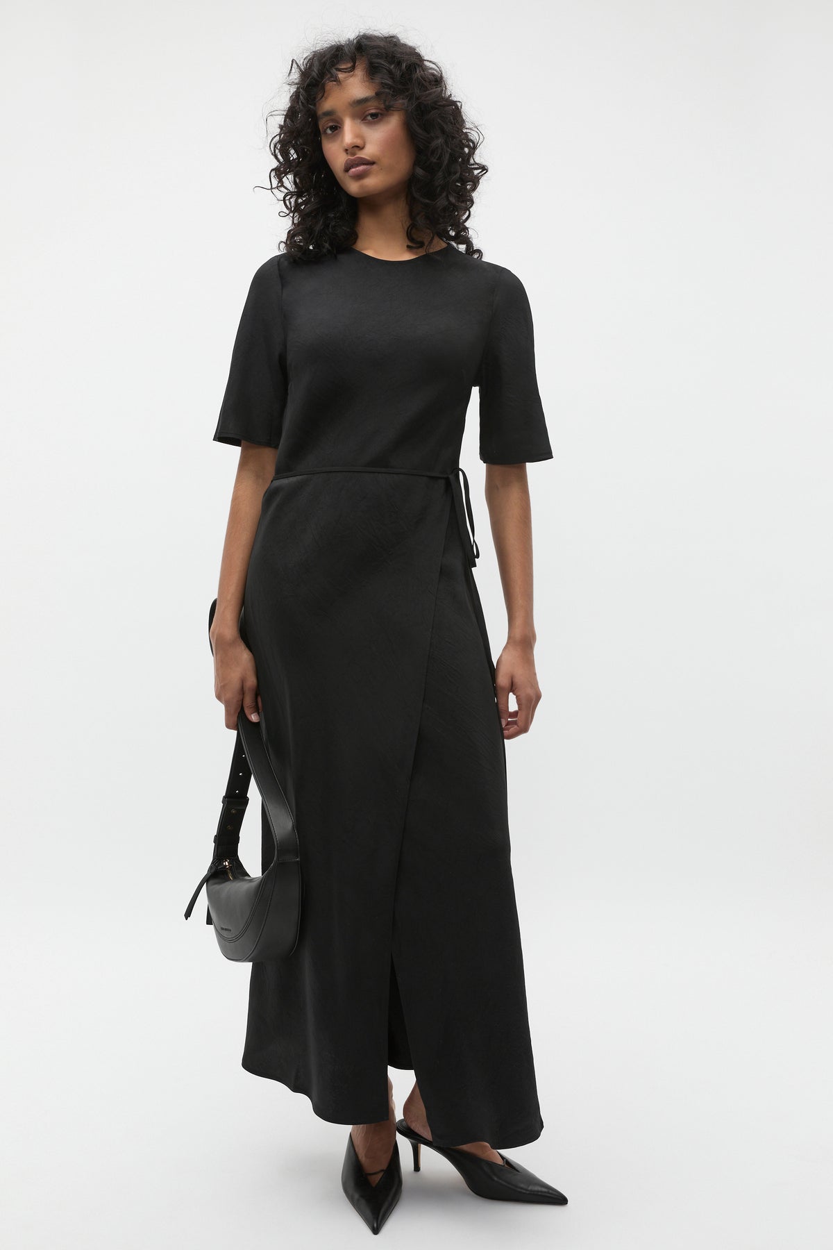Crinkle Satin Wrap Dress