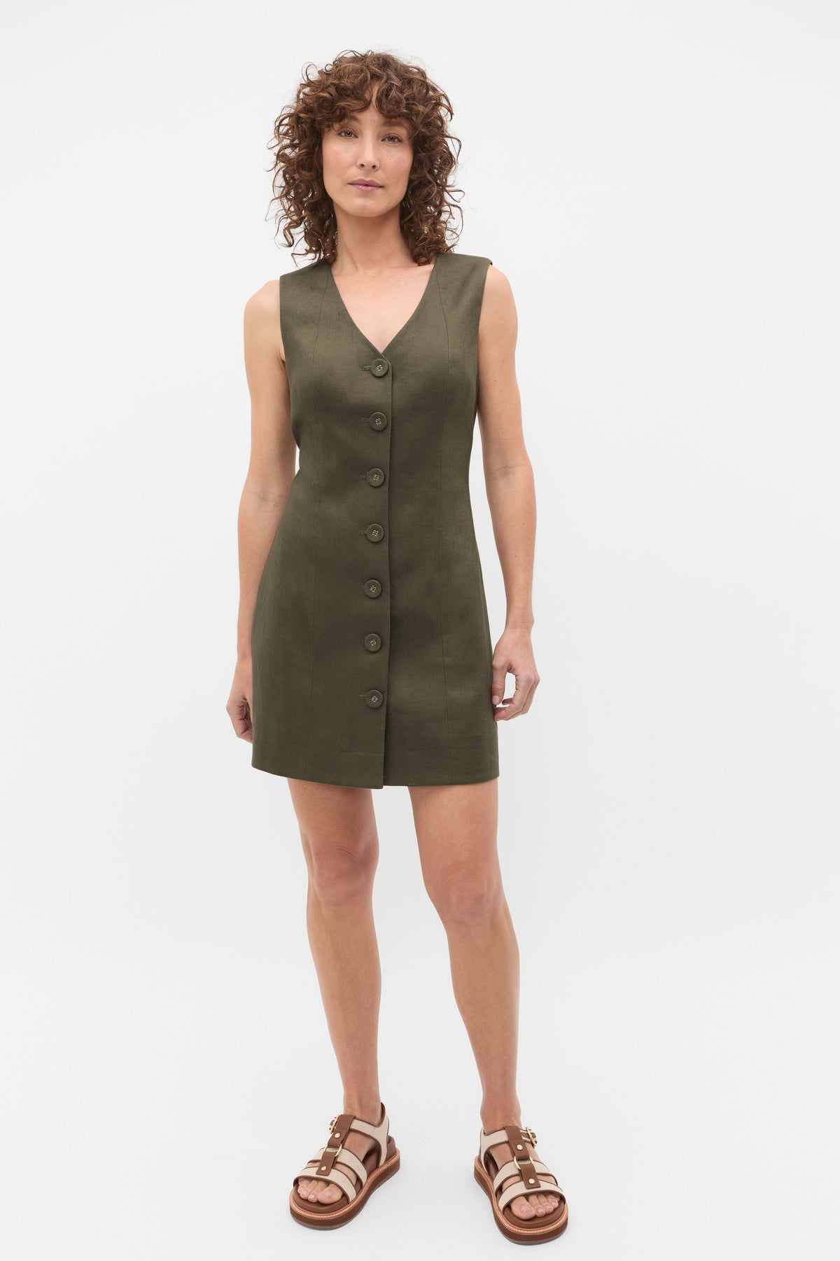 Linen V Neck Button Mini Dress