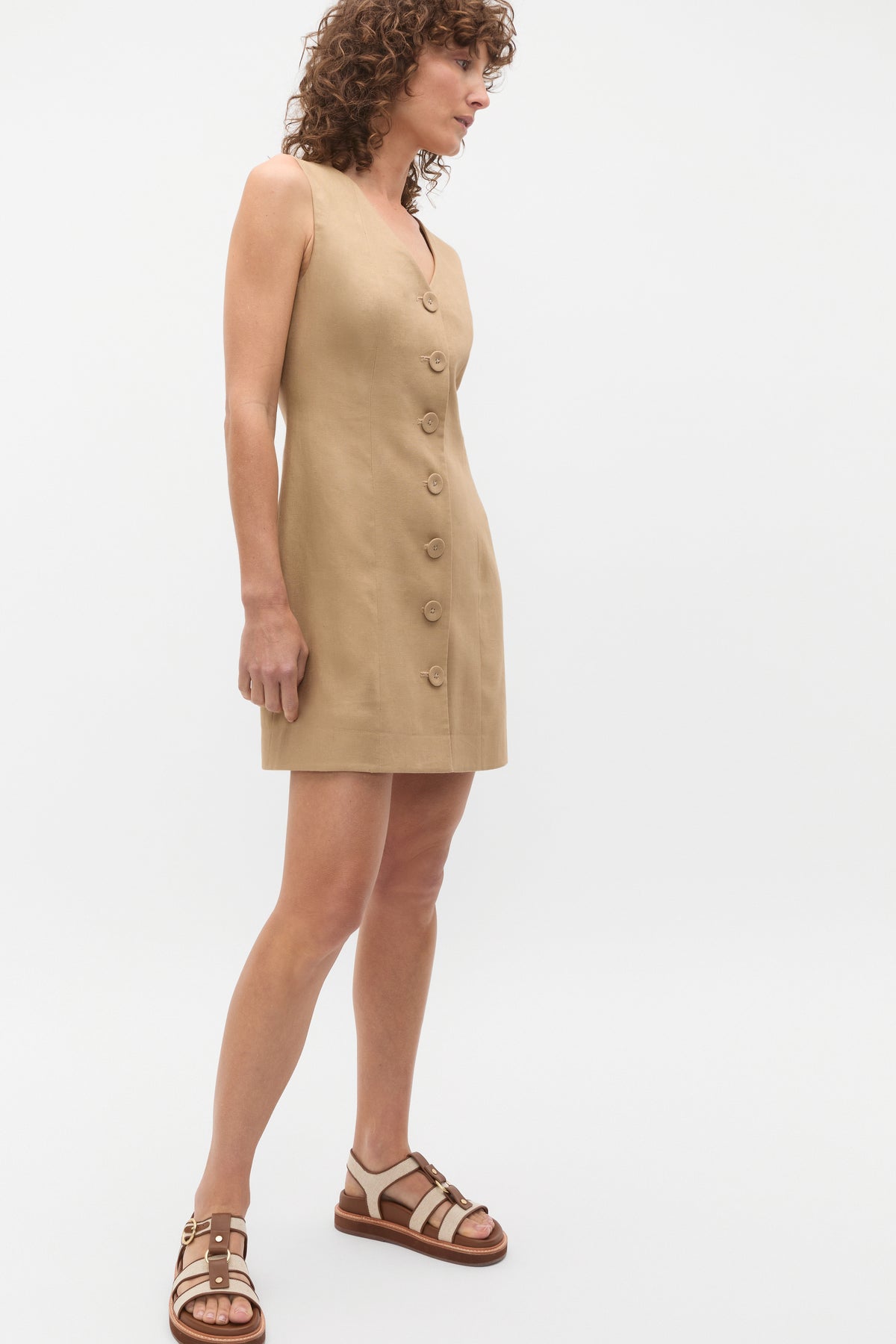 Linen V Neck Button Mini Dress