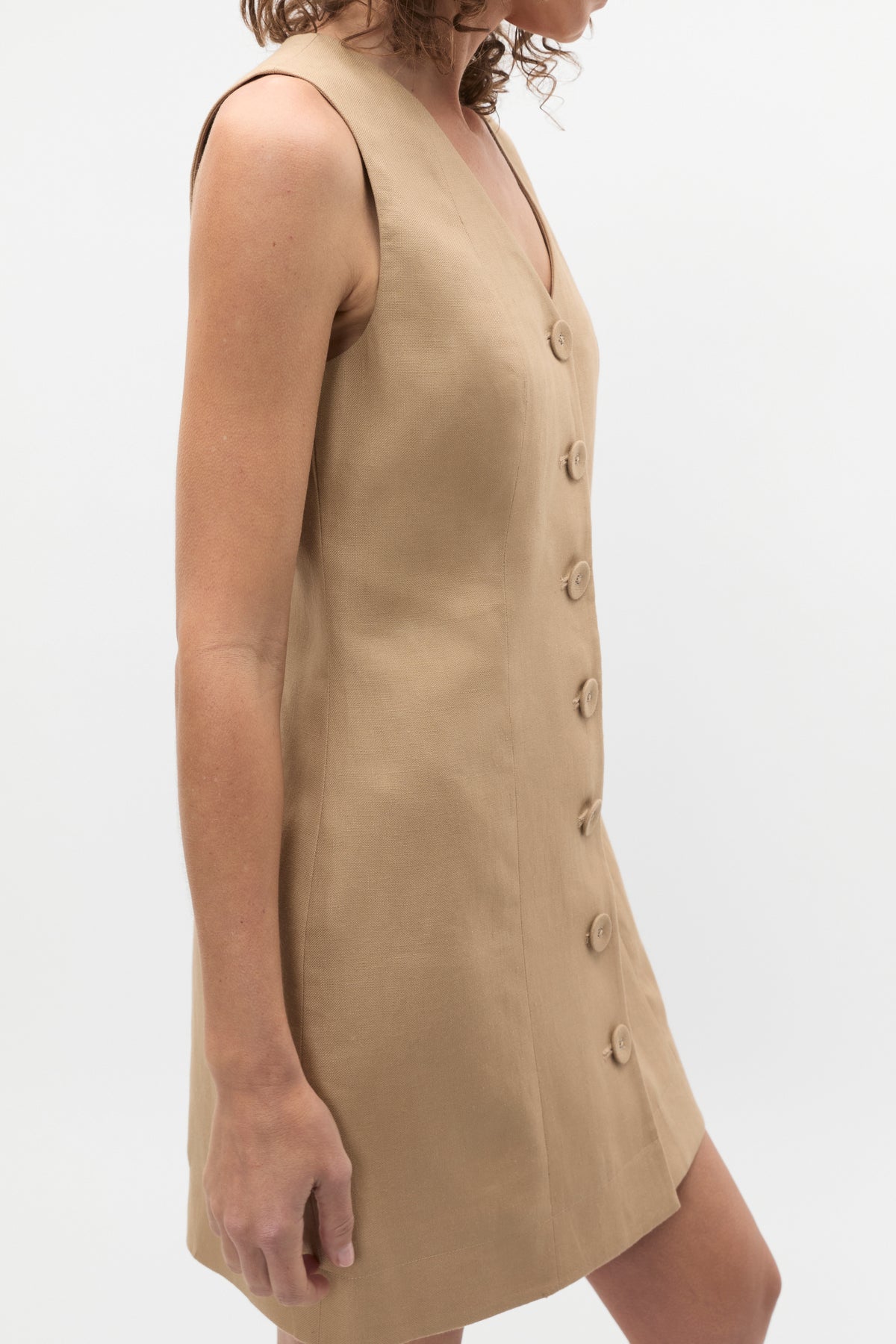 Linen V Neck Button Mini Dress