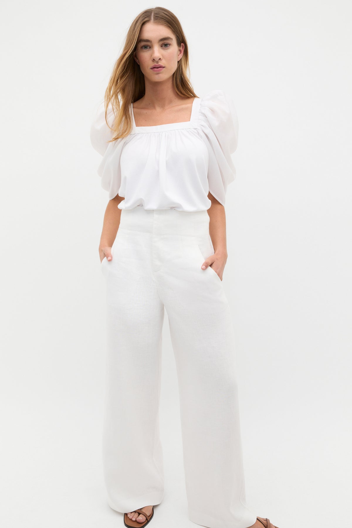 Square Neck Gathered Sleeve Top