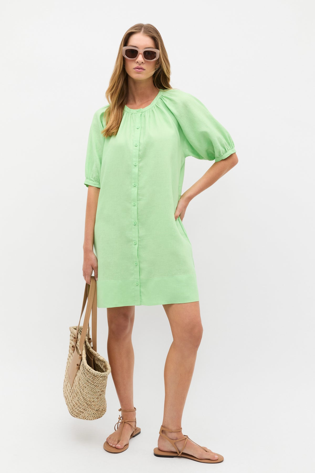Linen Gathered Mini Dress