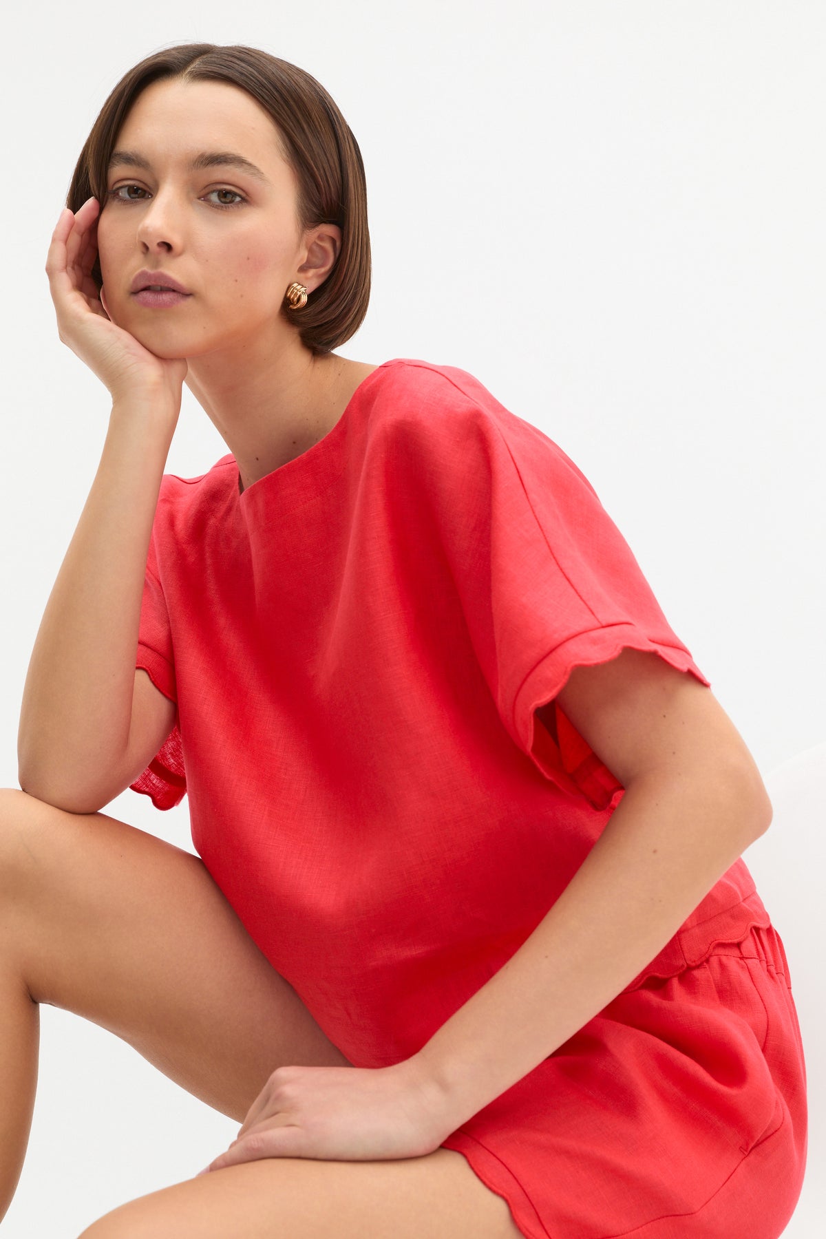 Linen Wave Scallop Boxy Tee