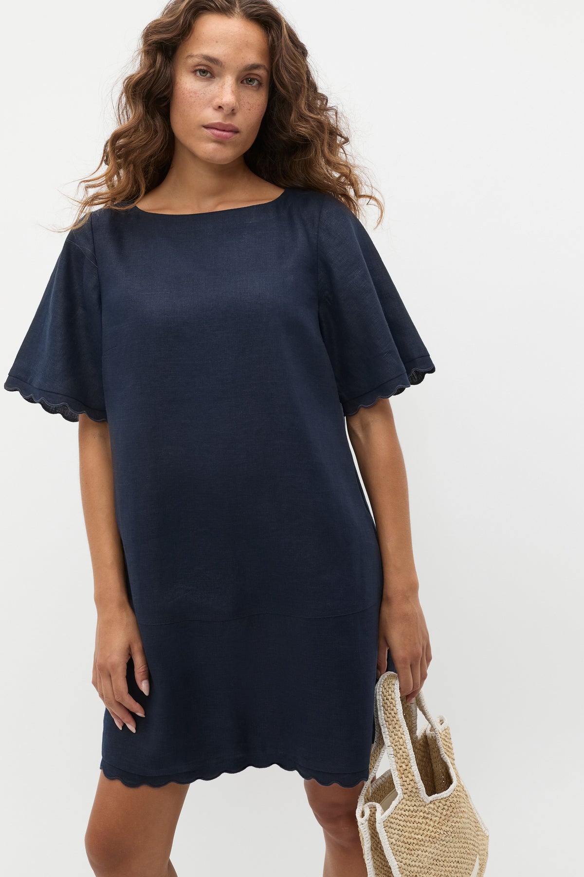 Linen Wave Scallop Mini Dress