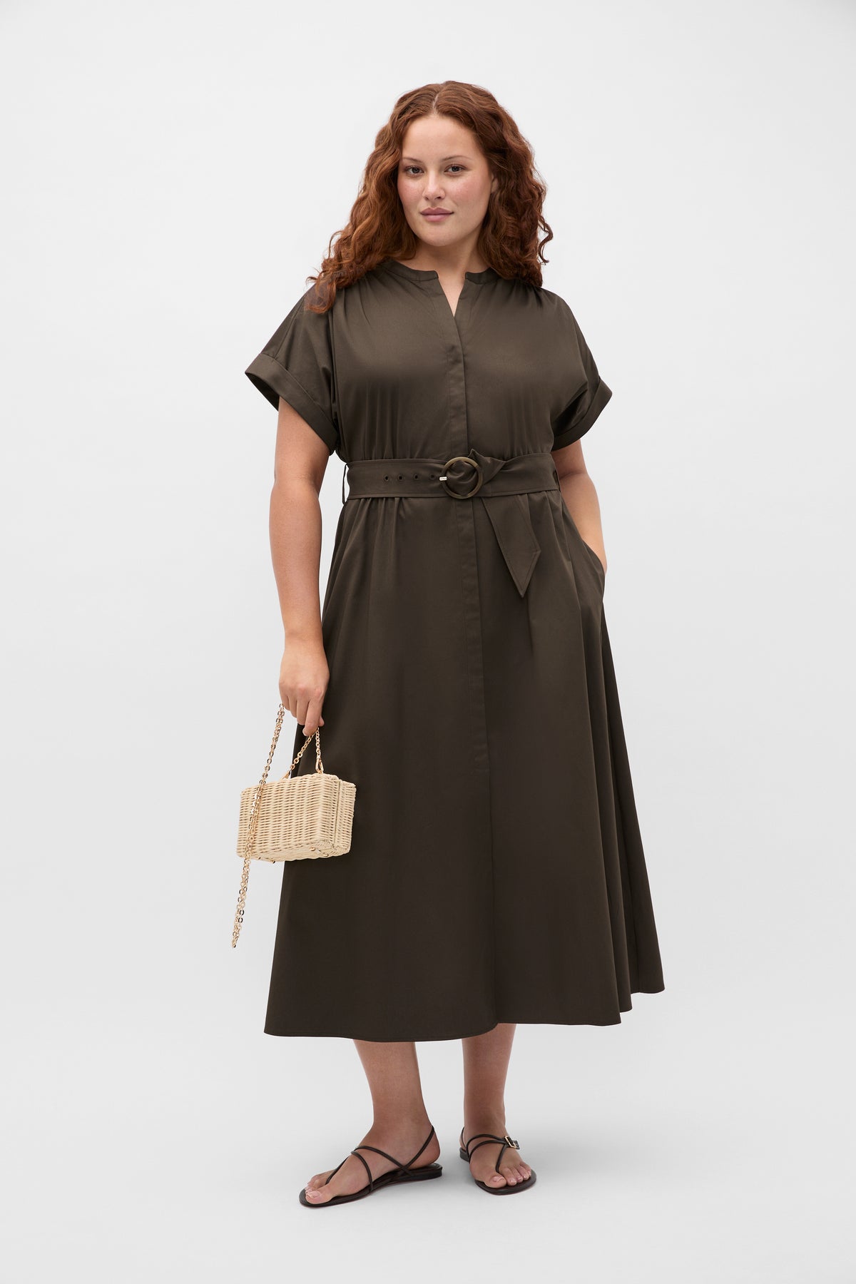 Cotton Blend Belted Shirt Dress