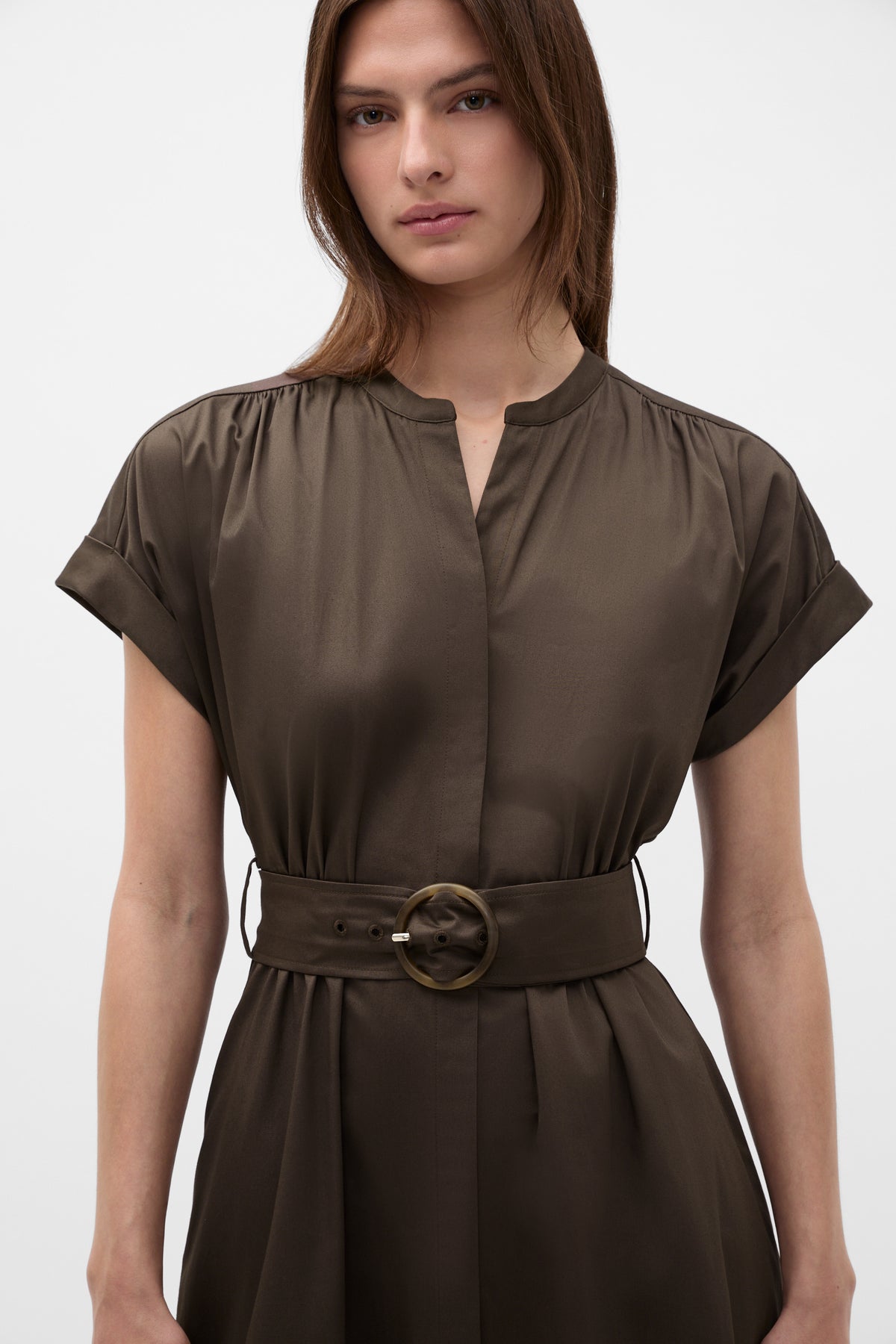 Cotton Blend Belted Shirt Dress