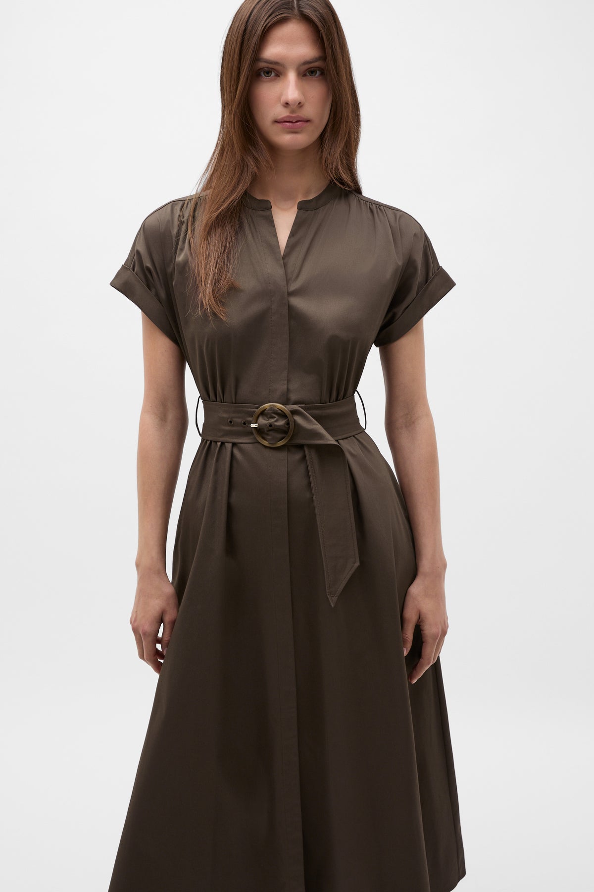 Cotton Blend Belted Shirt Dress