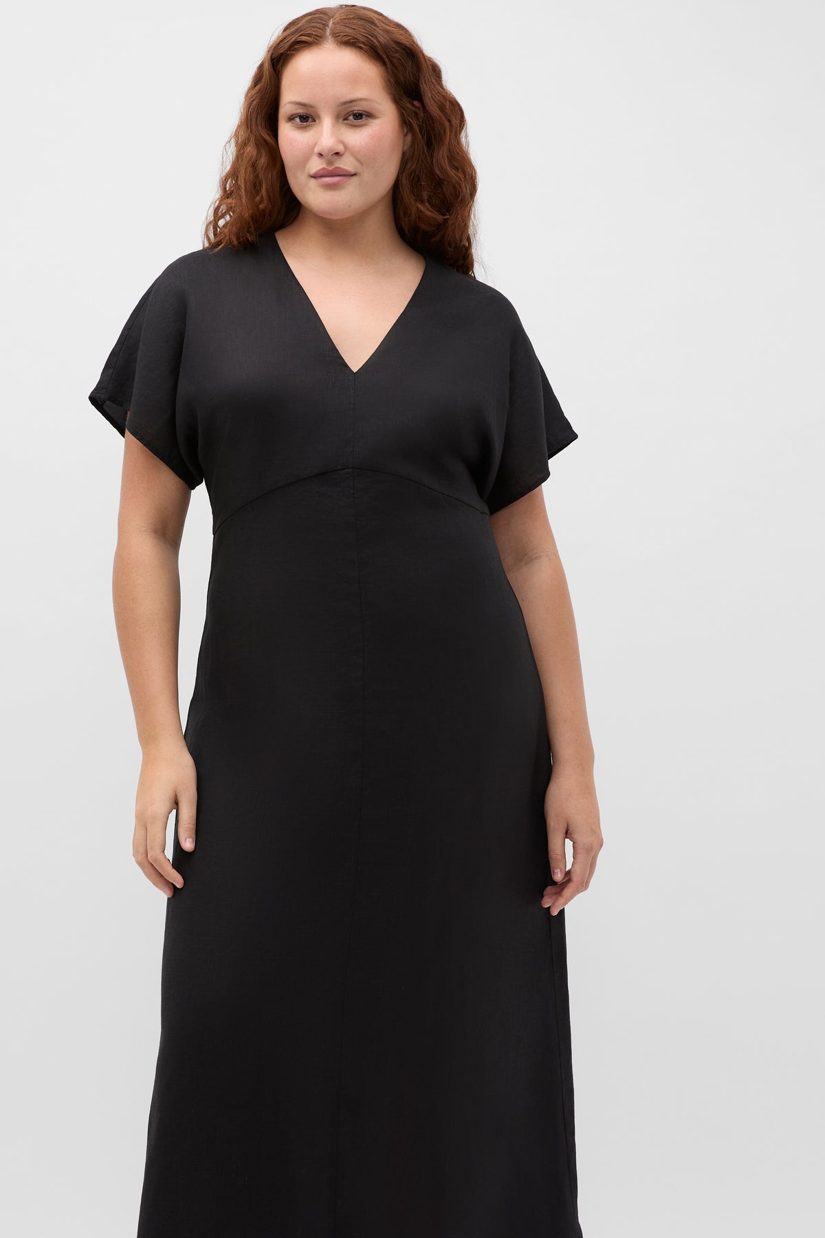Linen V Neck Midi Dress