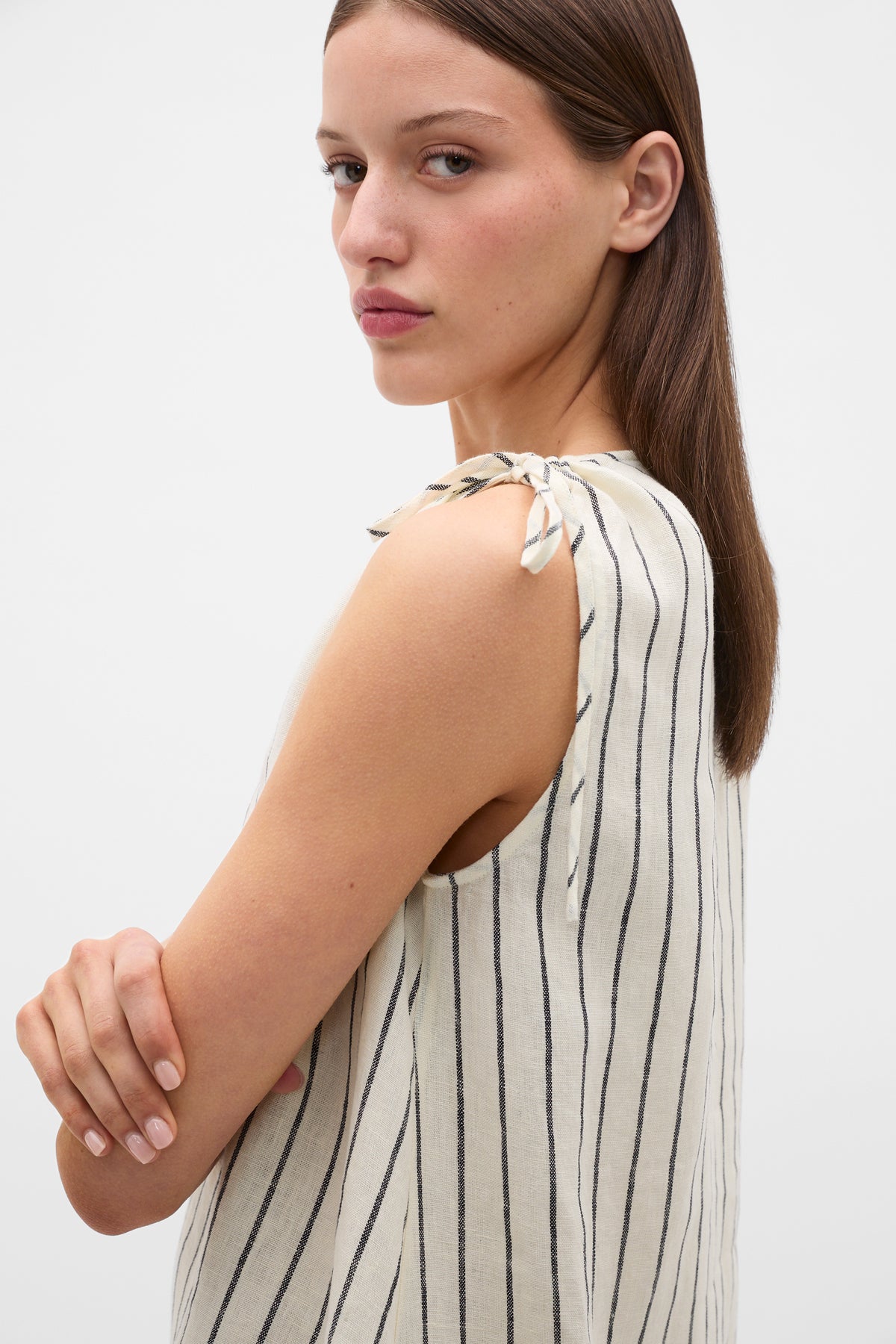 Linen Tie Shoulder V Neck Mini Dress
