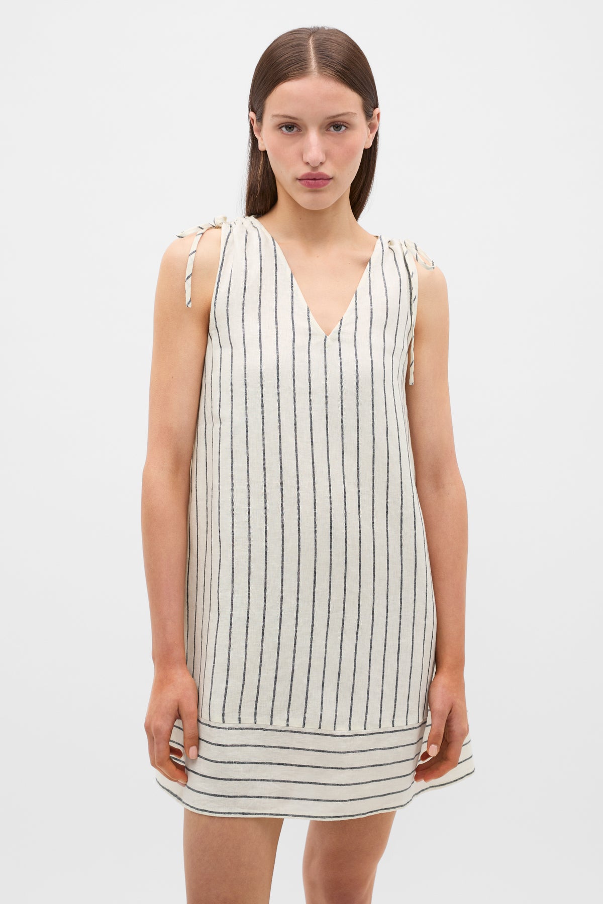 Linen Tie Shoulder V Neck Mini Dress