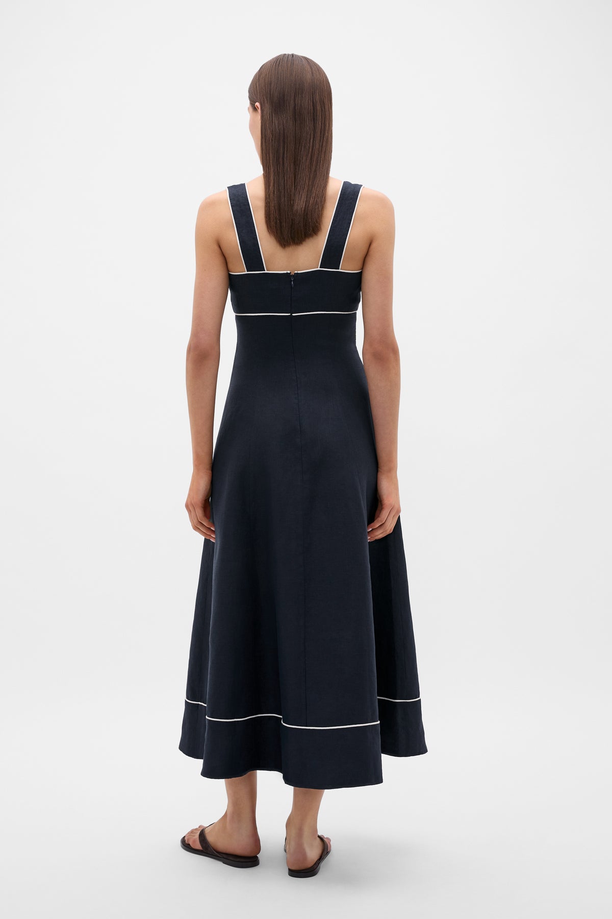 Linen Contrast Piping Midi Dress