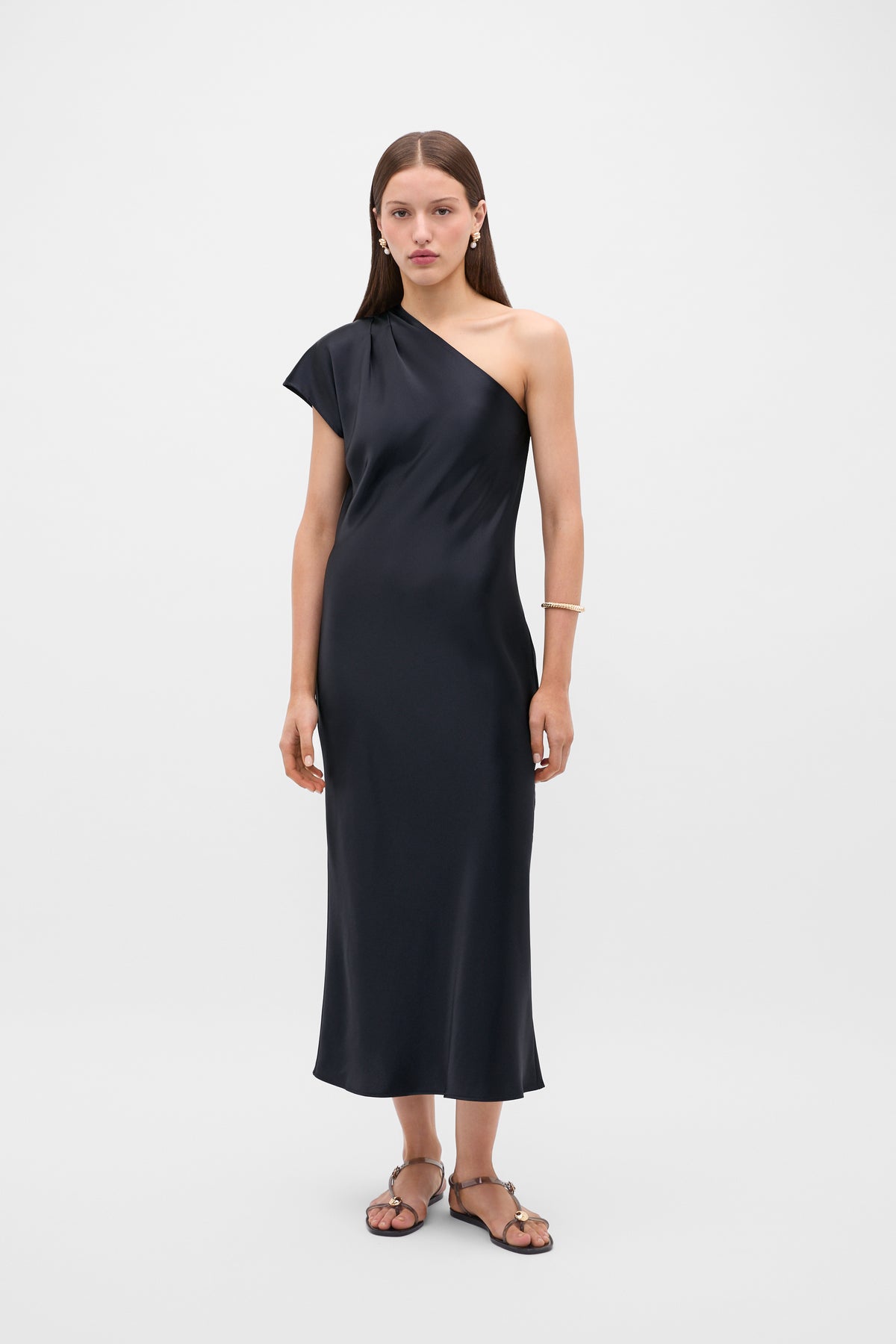 Satin Drape Shoulder Midi Dress
