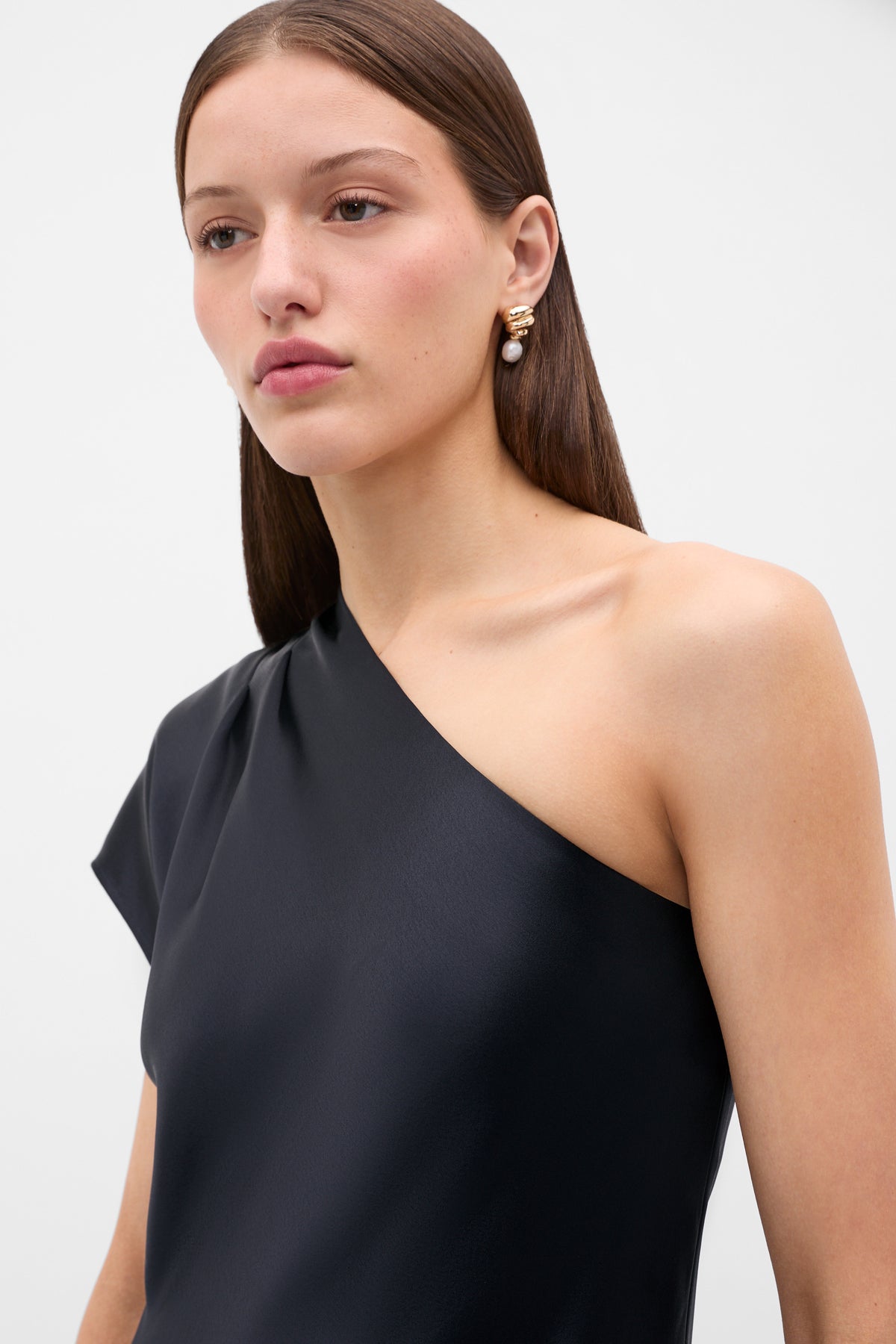 Satin Drape Shoulder Midi Dress