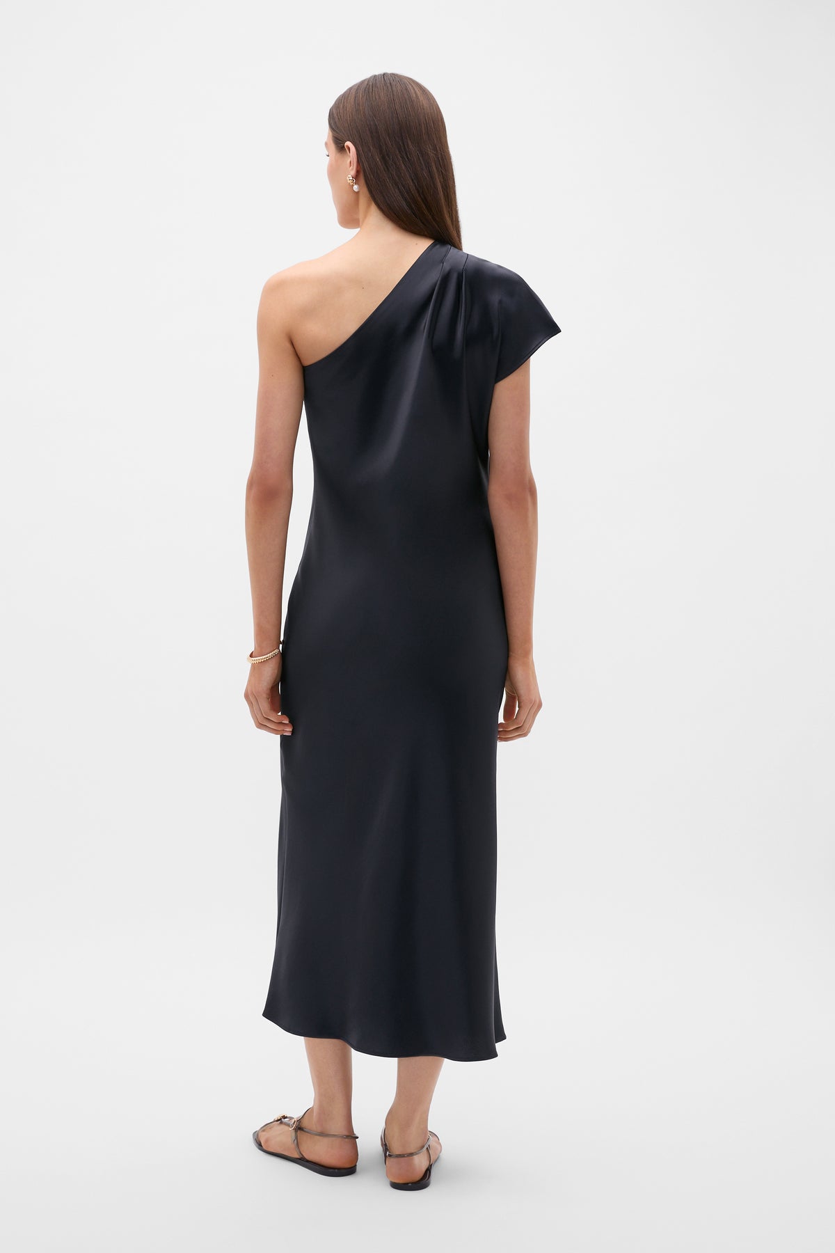 Satin Drape Shoulder Midi Dress
