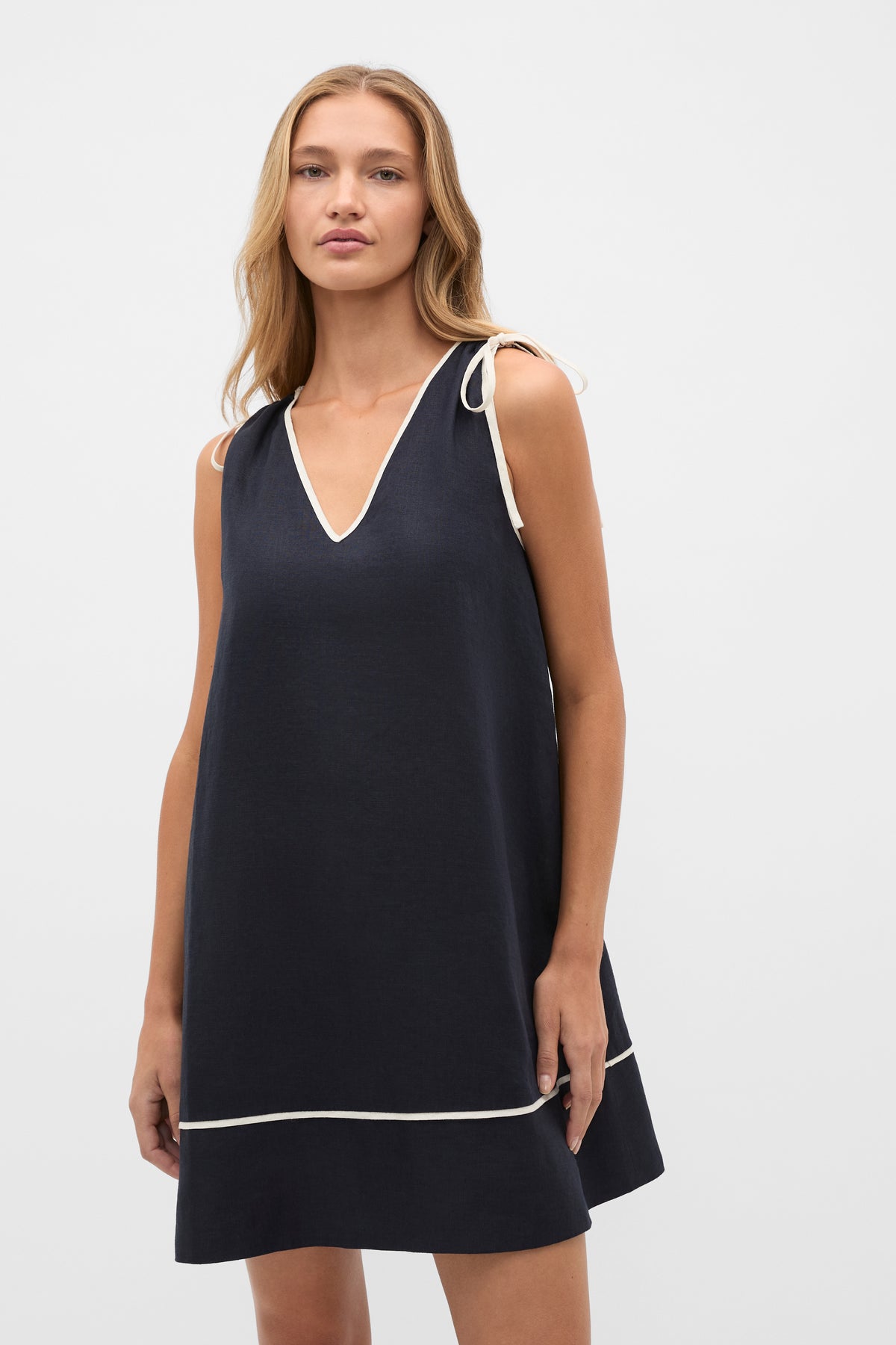 Linen Contrast Piping Mini Dress