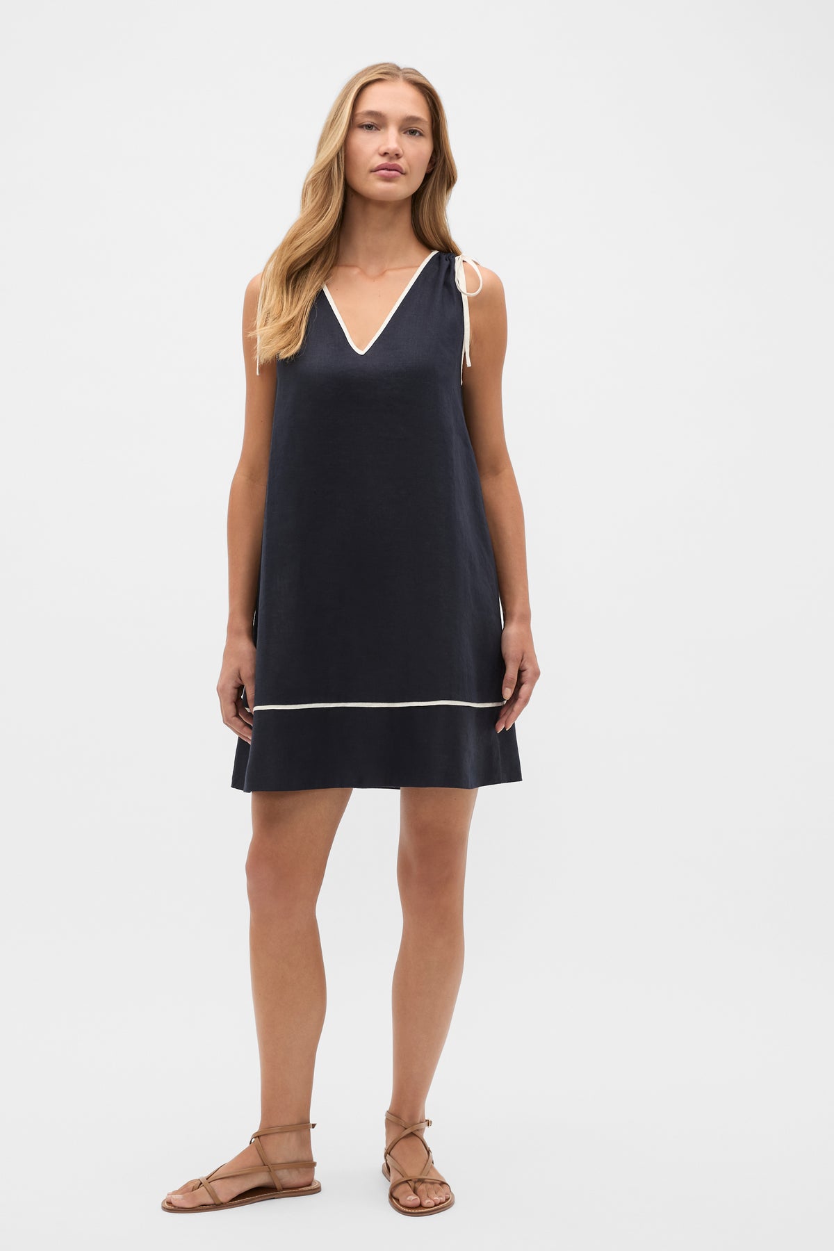 Linen Contrast Piping Mini Dress