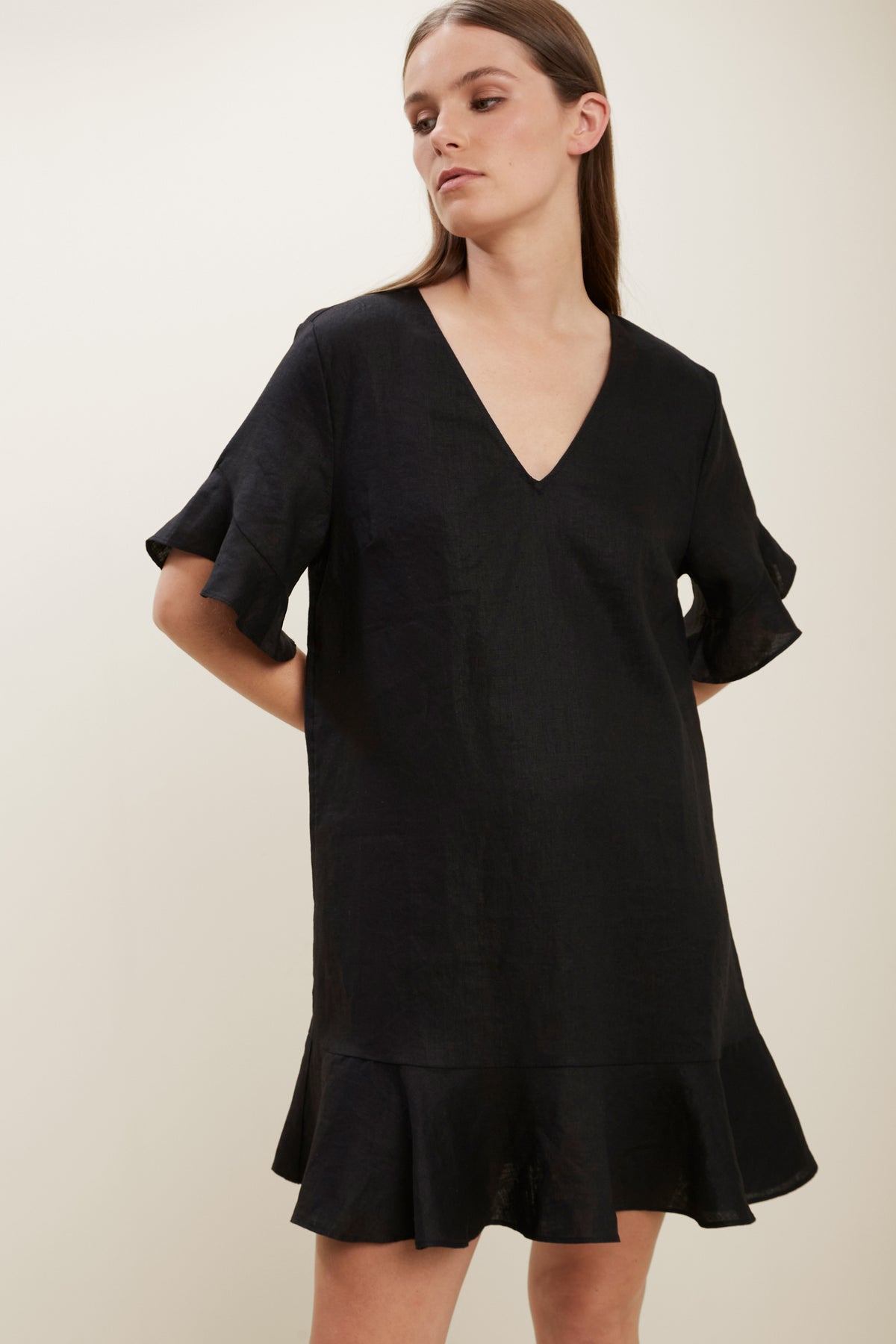 Linen Flutter Sleeve Dress