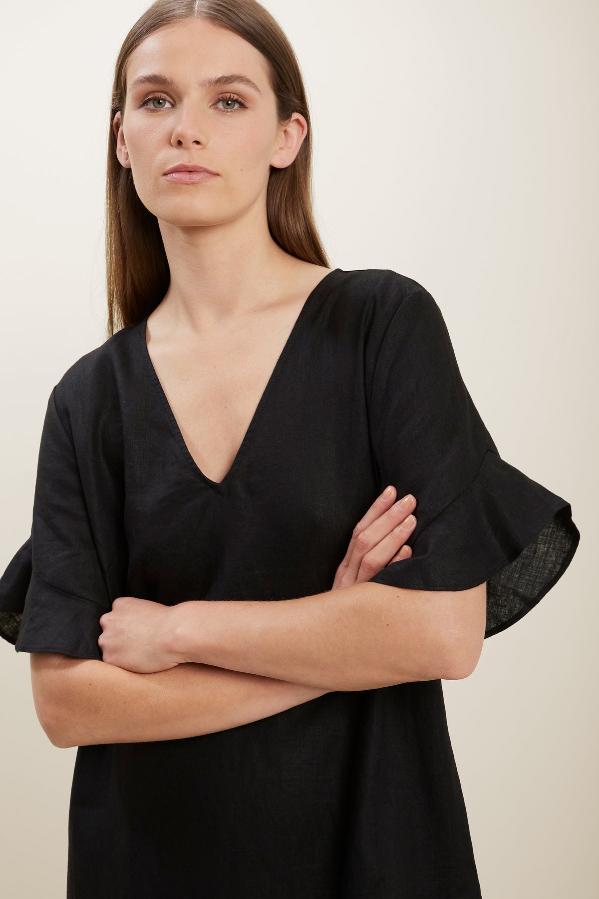 Linen Flutter Sleeve Dress
