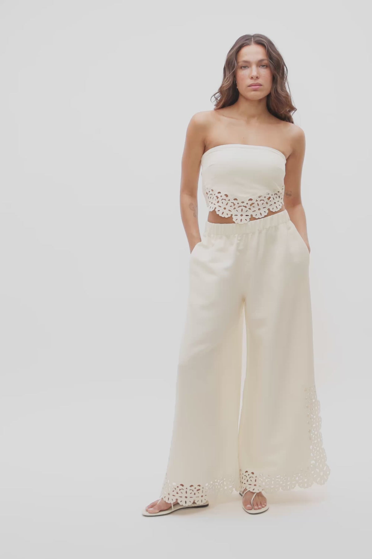 Linen Blend Cutwork Strapless Top