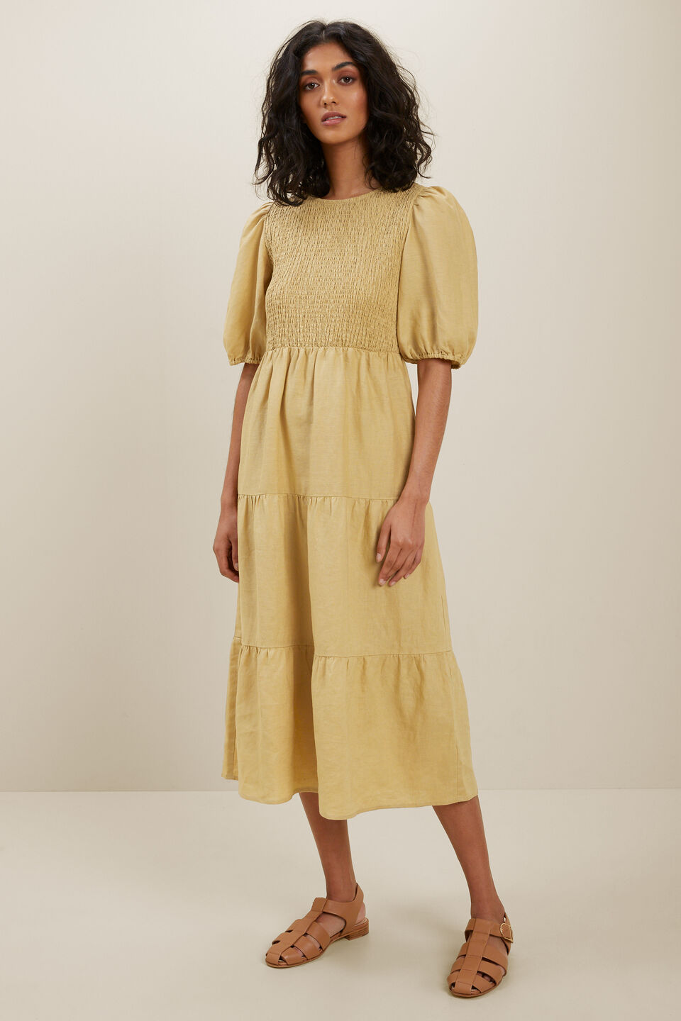 Linen Shirred Dress  Fawn