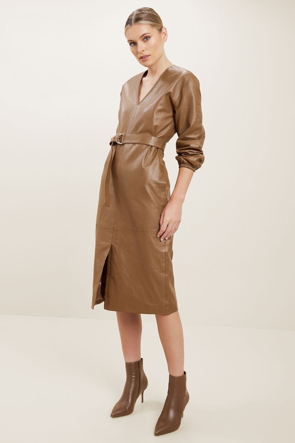 Belted Leather Dress  Molasses