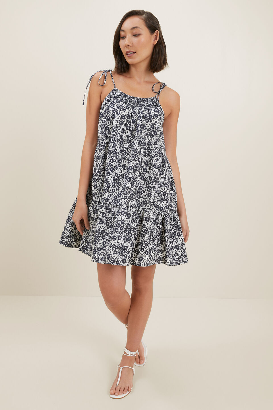 Retro Floral Tiered Mini Dress  Deep Navy Floral