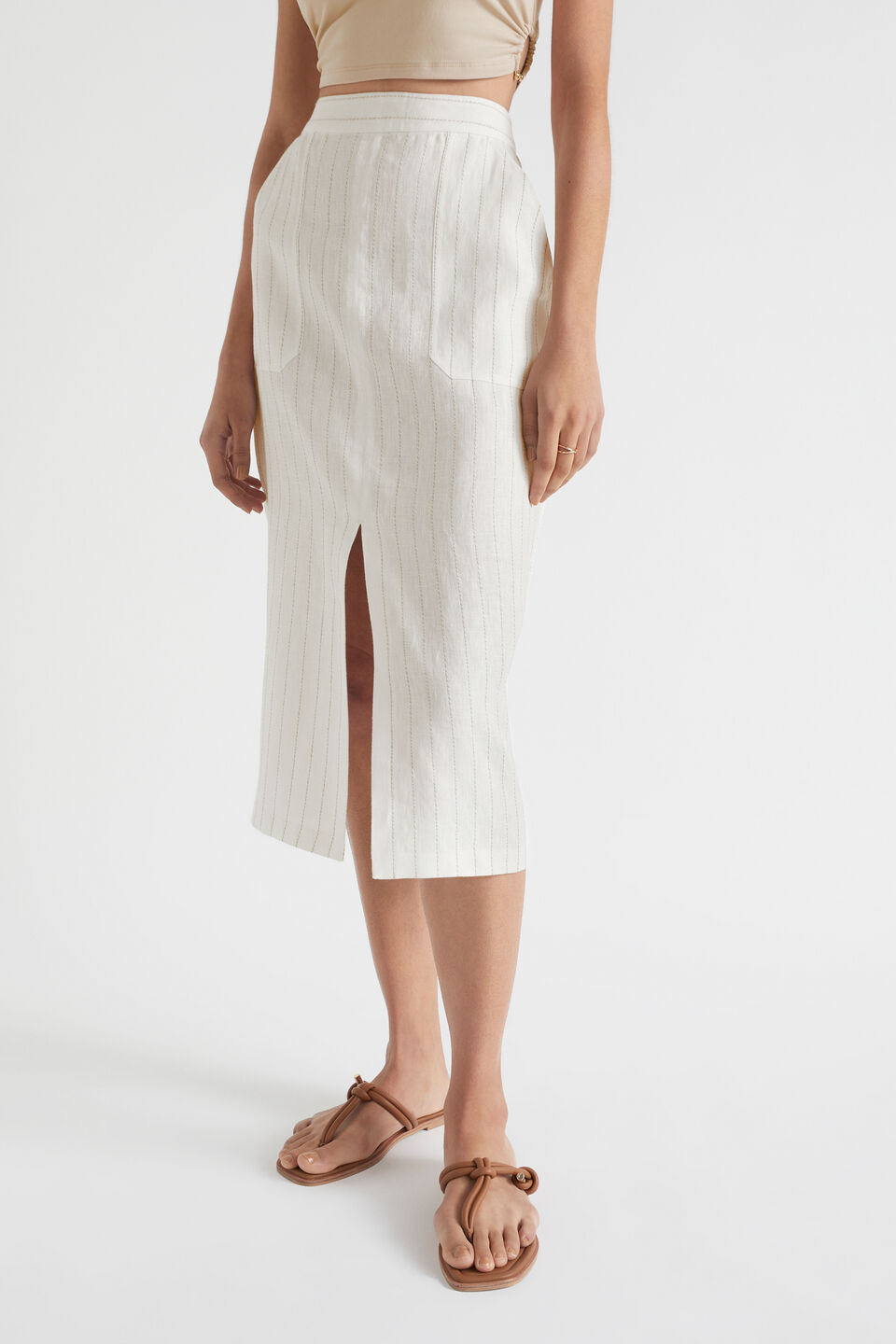 Linen Stripe Midi Skirt  Auburn Pinstripe
