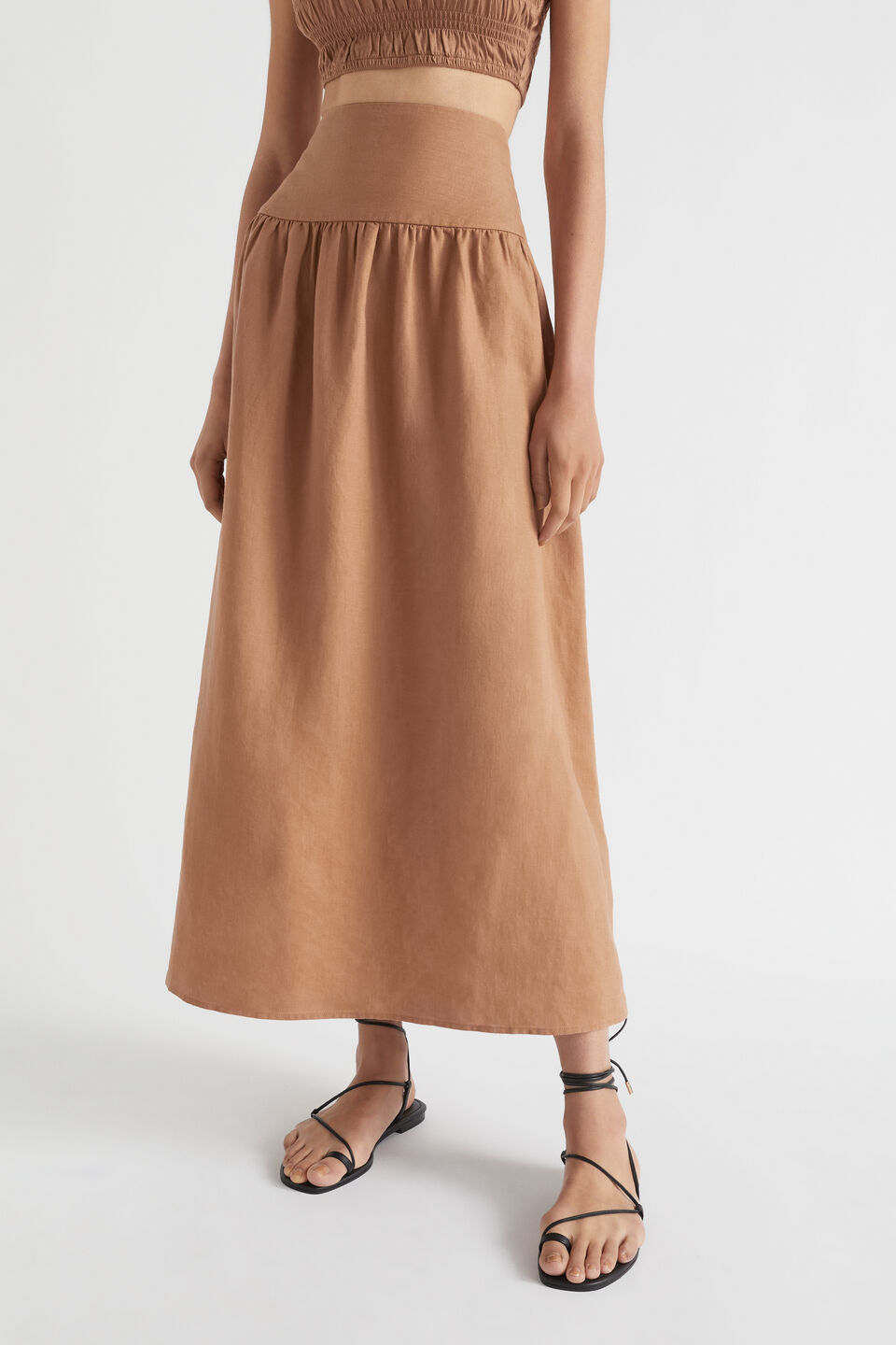 Core Linen Gathered Maxi Skirt  Auburn Brown