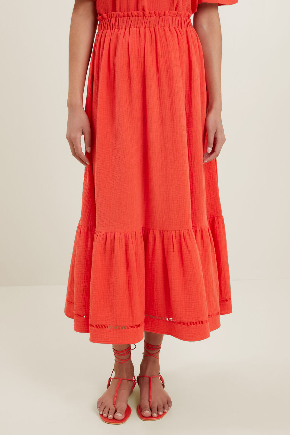 Cheesecloth Ladder Midi Skirt  Chilli Red