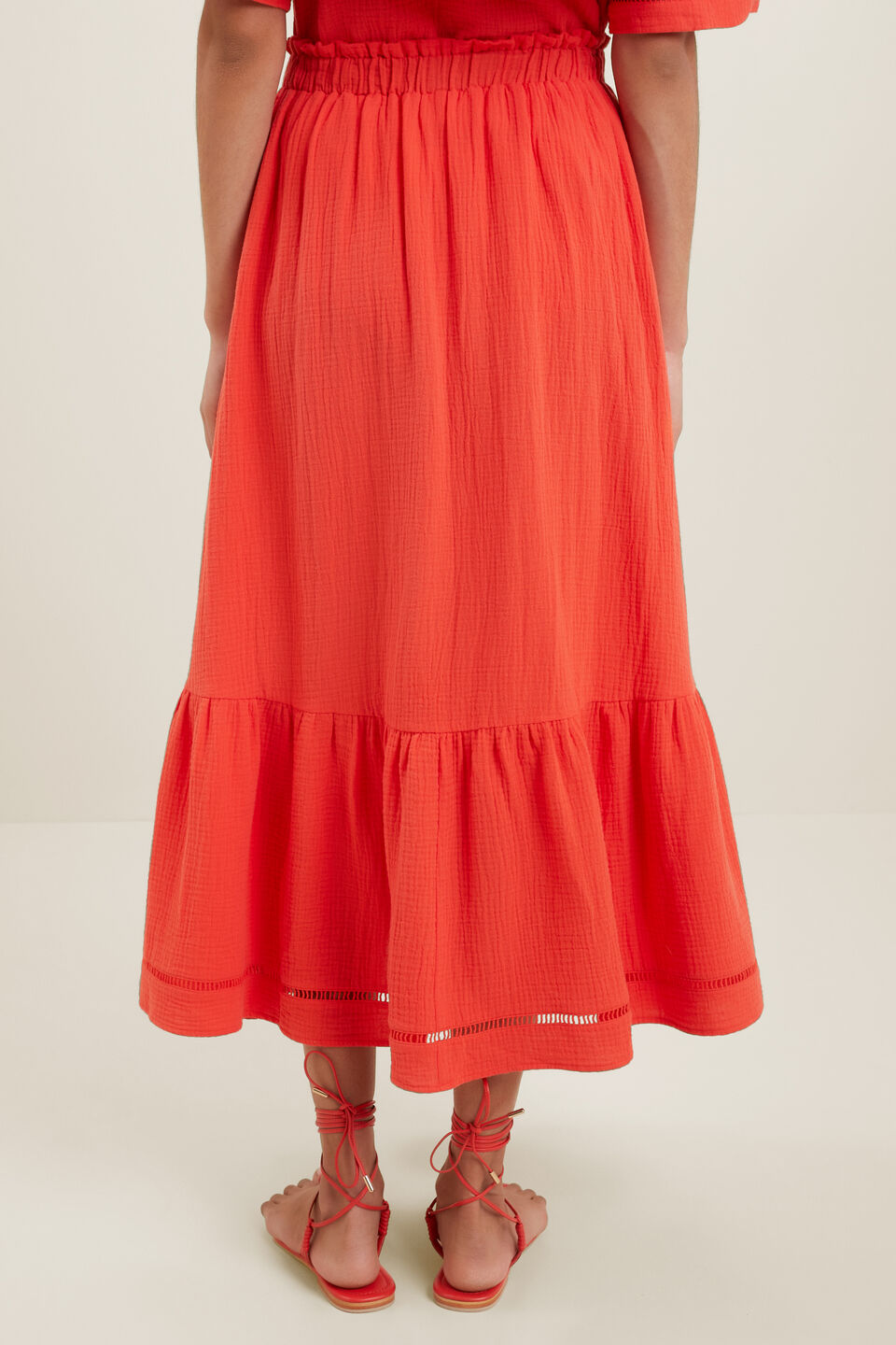 Cheesecloth Ladder Midi Skirt  Chilli Red