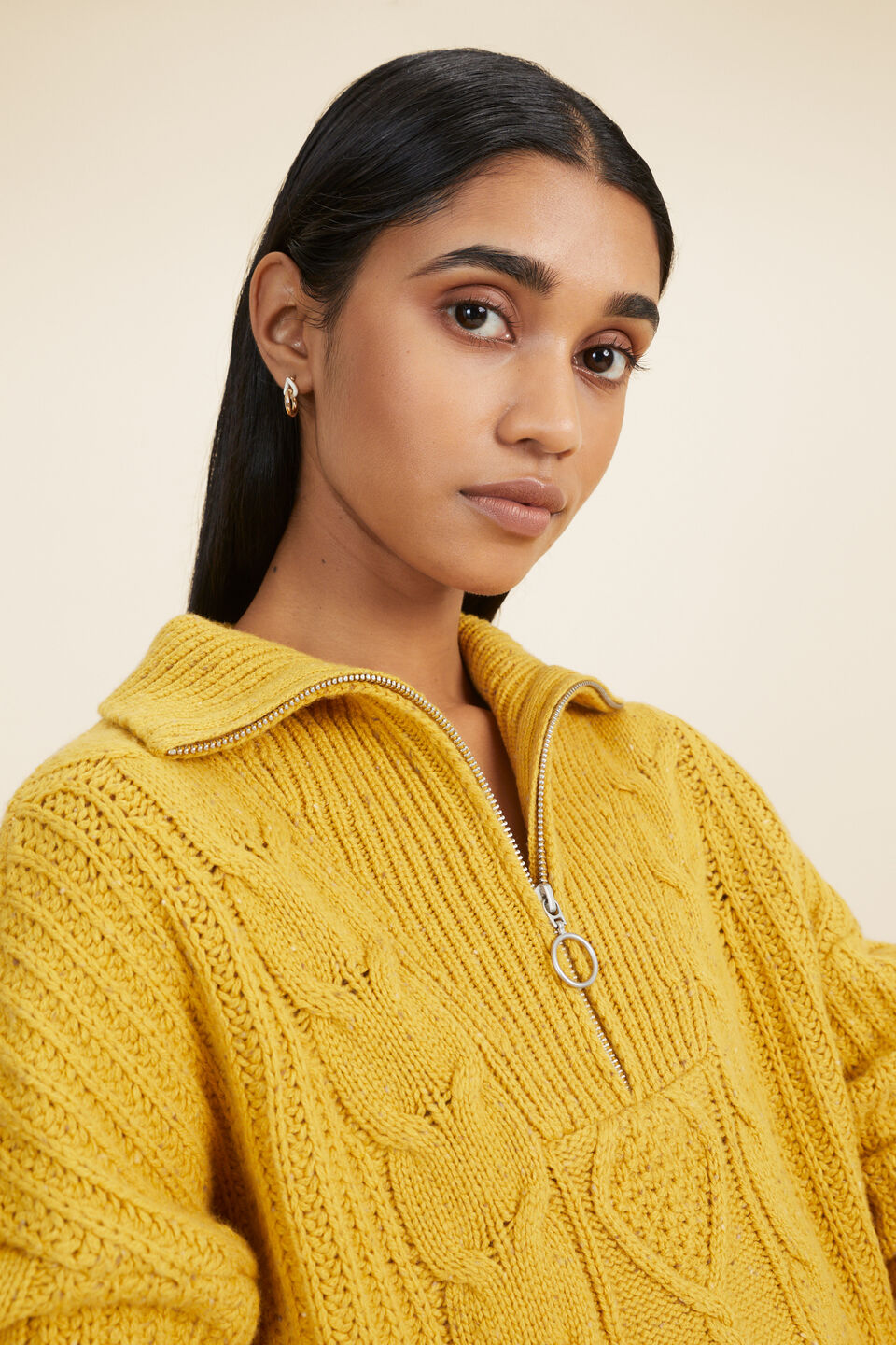 Funnel Neck Cable Sweater  Turmeric Fleck