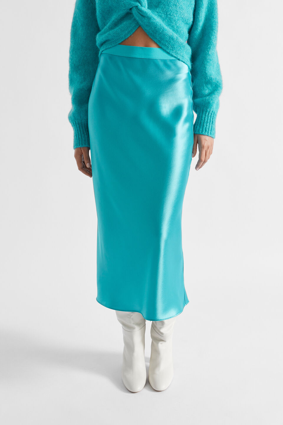 Satin Slip Midi Skirt  Peacock Blue