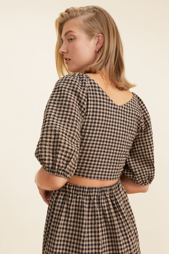 Gingham Tie Front Top  Deep Chai Gingham  hi-res