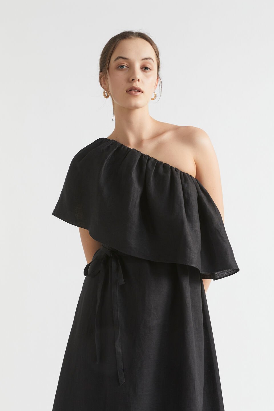 Linen One Shoulder Maxi Dress  Black