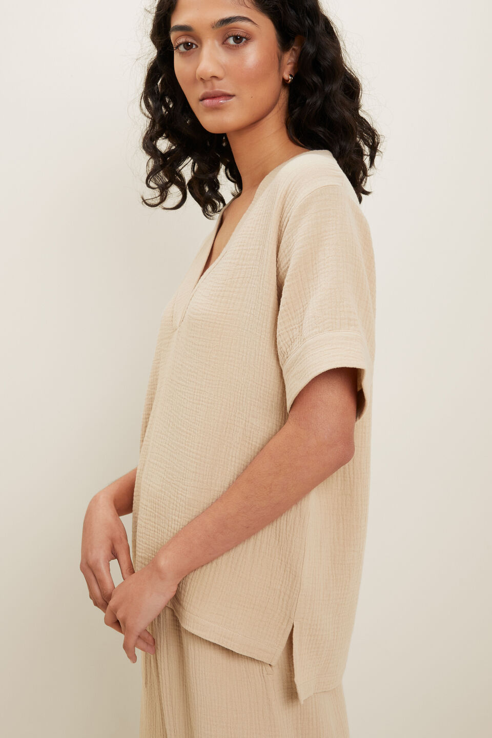 Cheesecloth V Neck Top  Sandstone Beige