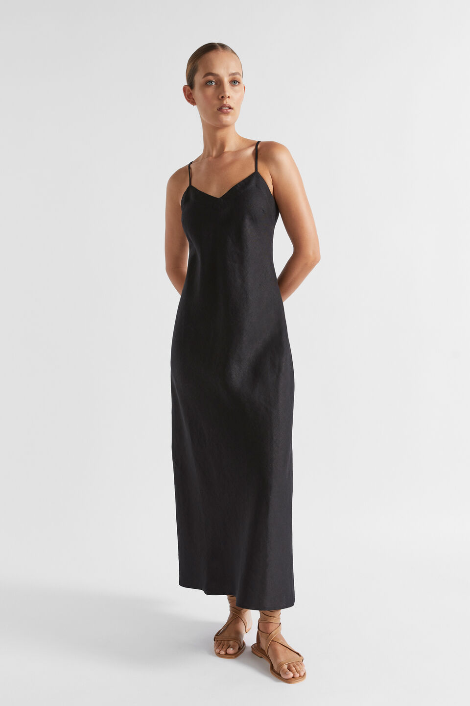 Core Linen Slip Maxi Dress  Black