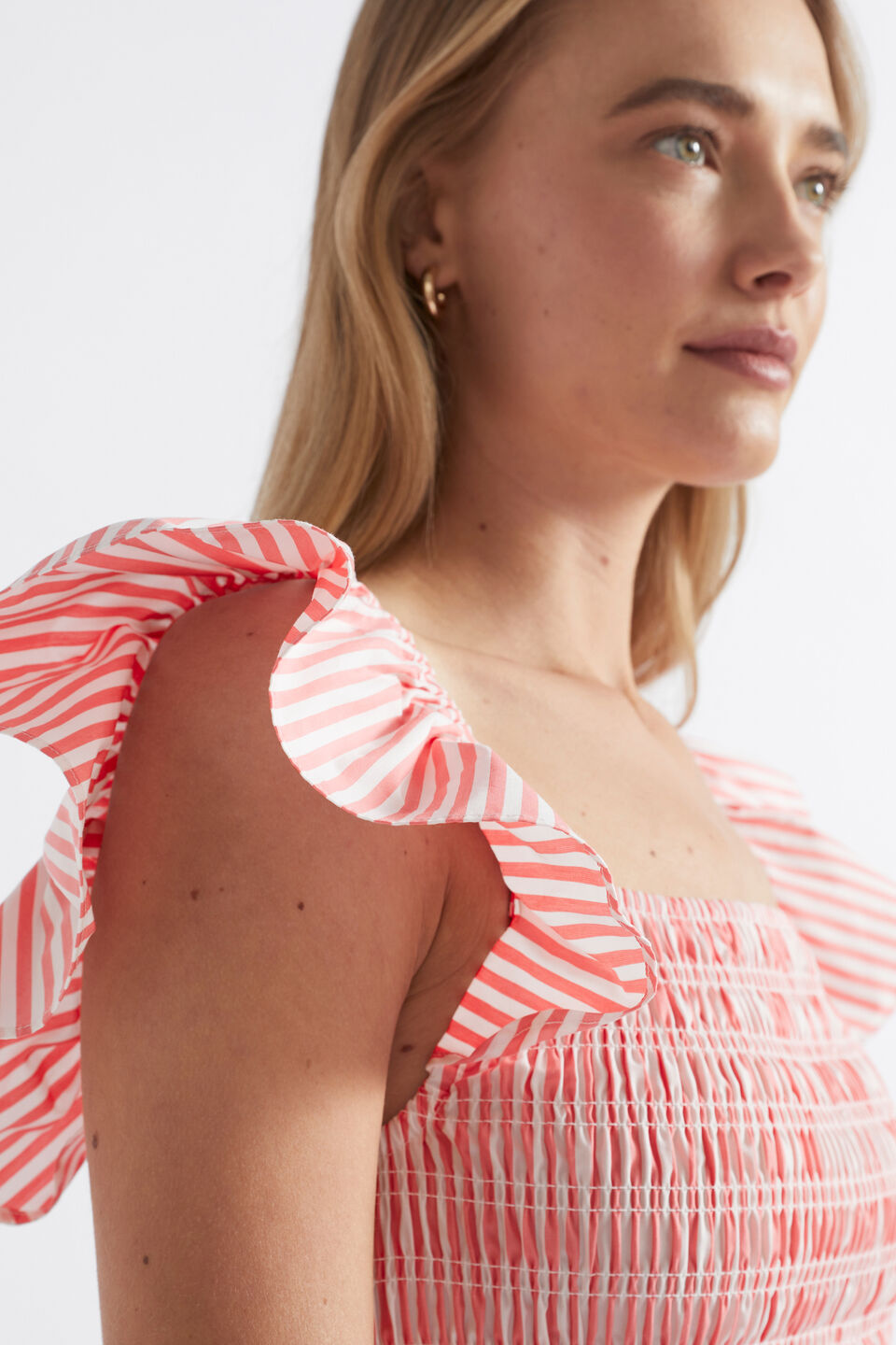 Poplin Stripe Shirred Midi Dress  Primrose Stripe