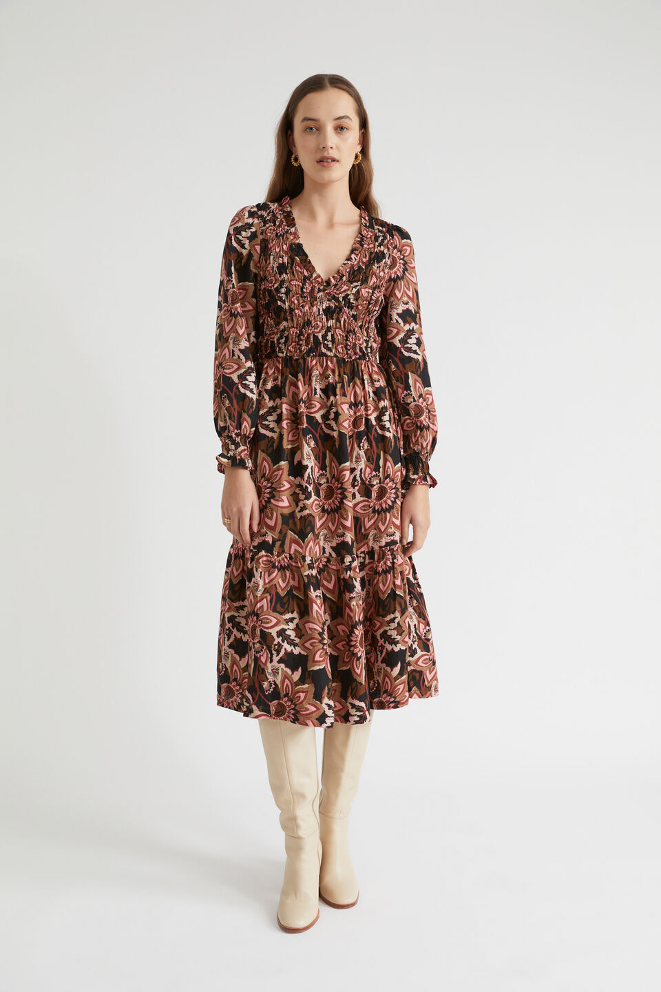 Lime floral shirred midi dress