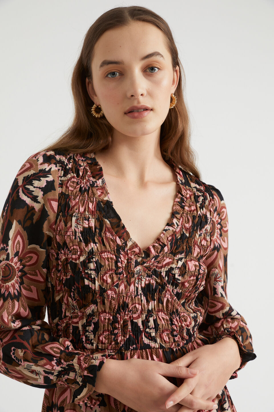 Front Shirring Floral Dress